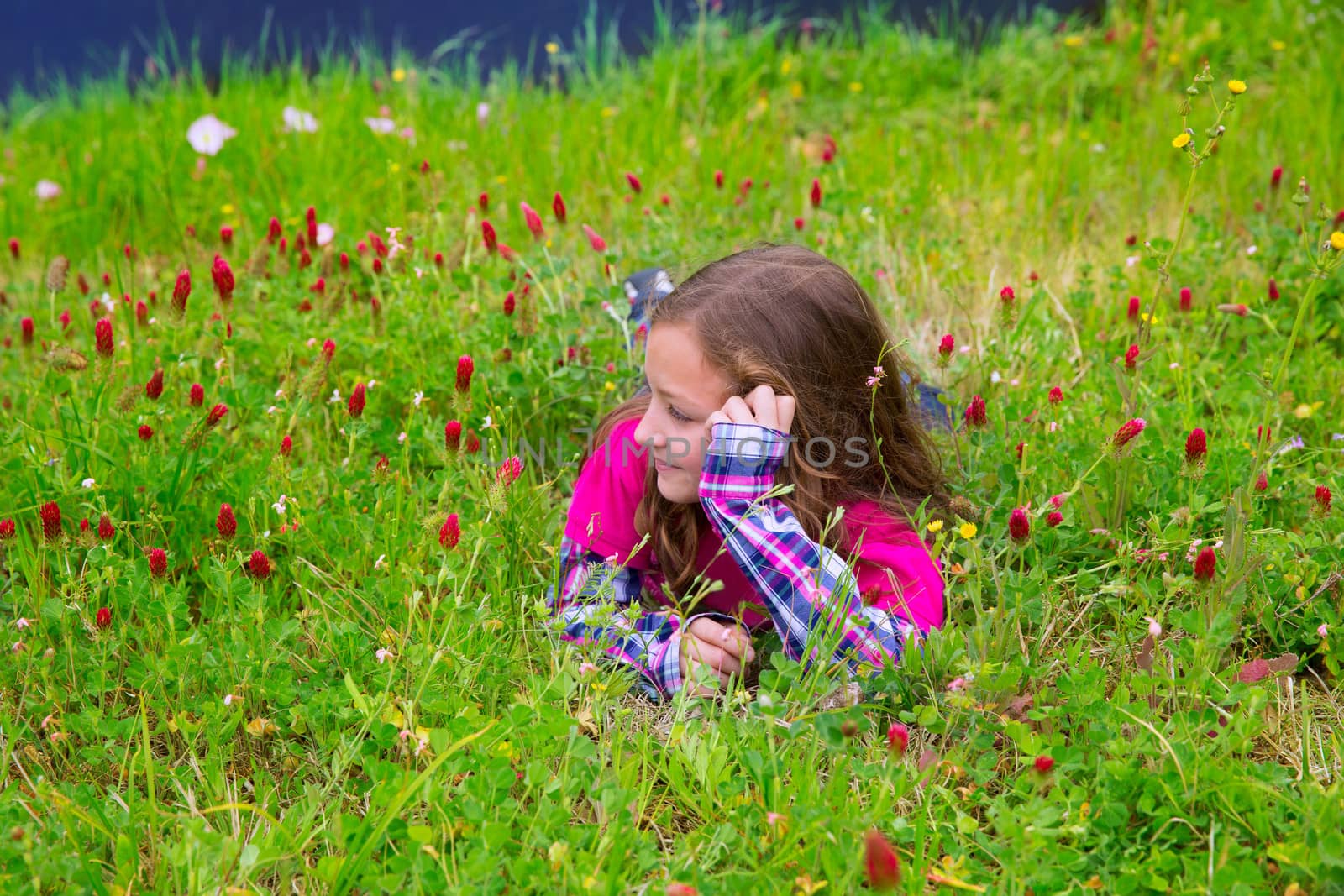 Happy relaxed kid girl on a spring flowers meadow by lunamarina