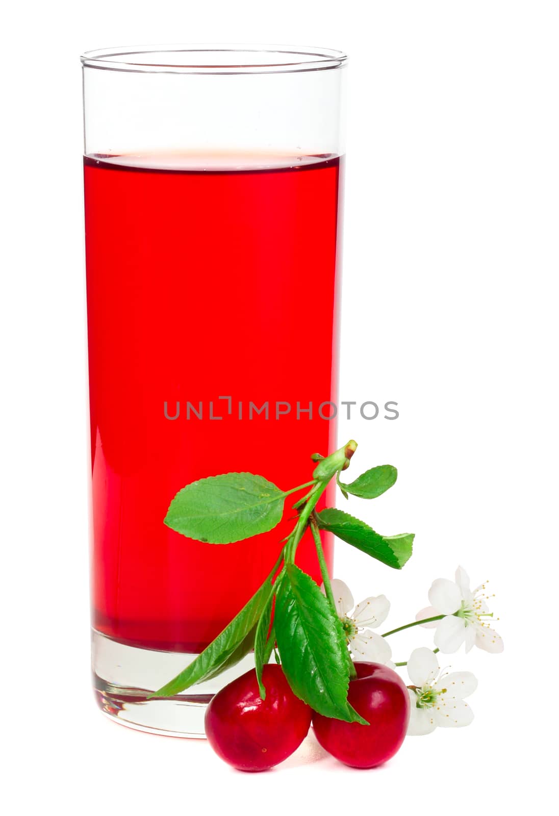Juice with fresh cherries leafs and flowers isolated on white background
