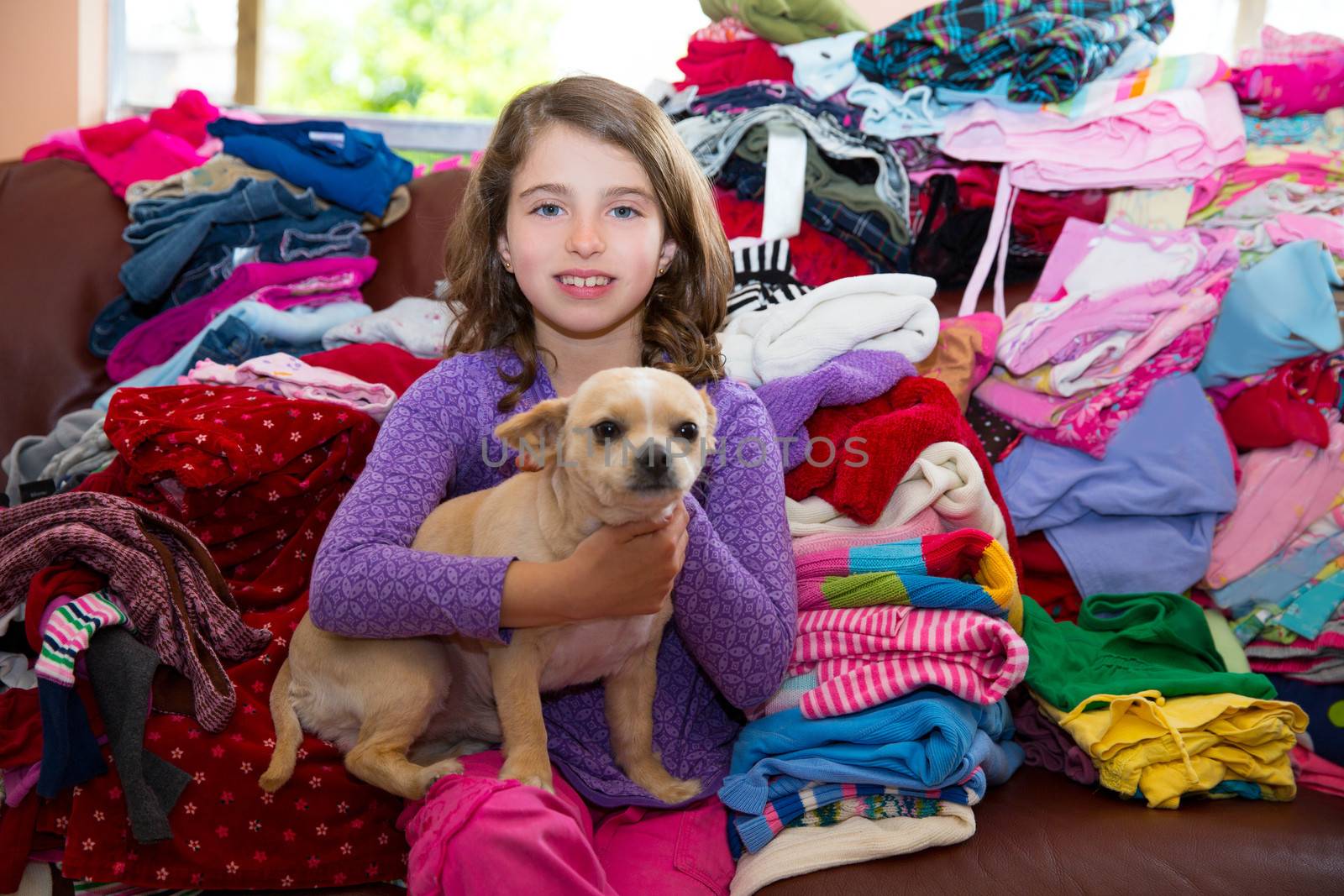 girl sitting on a messy clothes sofa with chihuahua dog by lunamarina