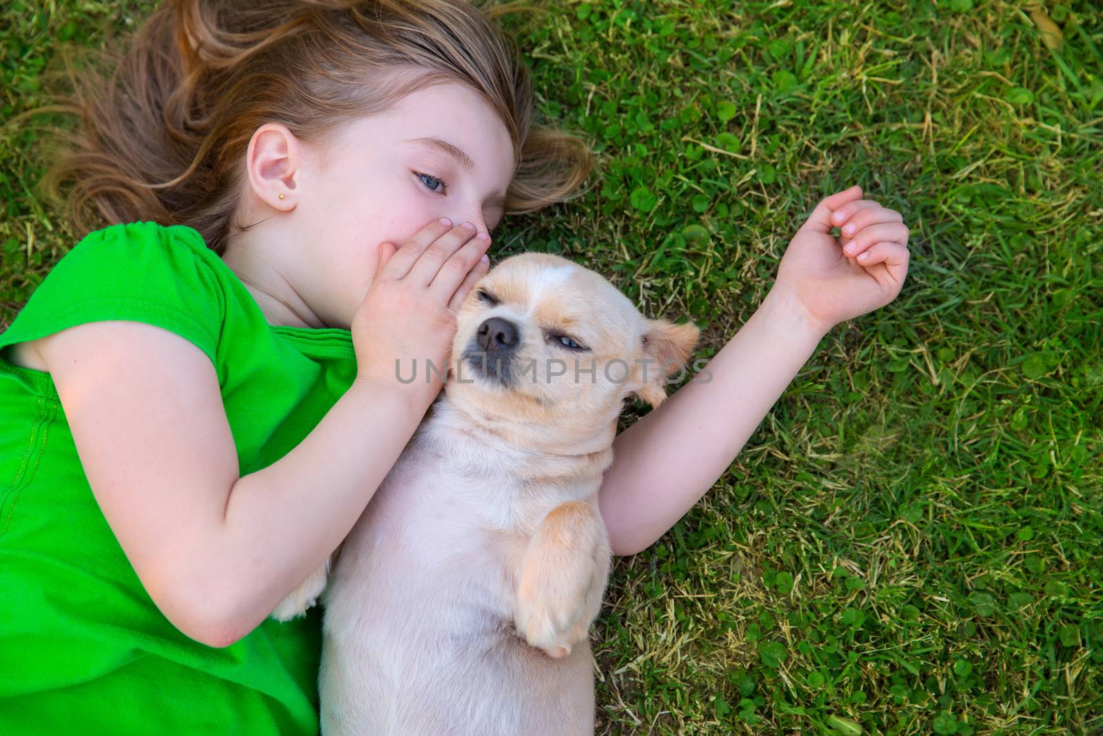 Blond happy girl with her chihuahua doggy portrait by lunamarina