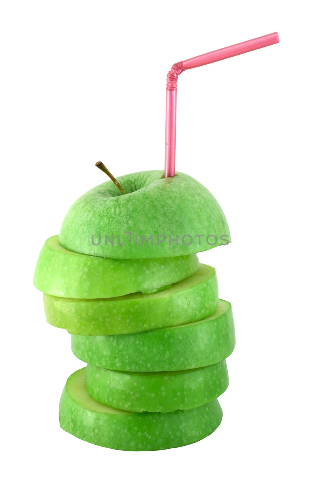 Stack of green  apple slices with straw juice concept isolated on white