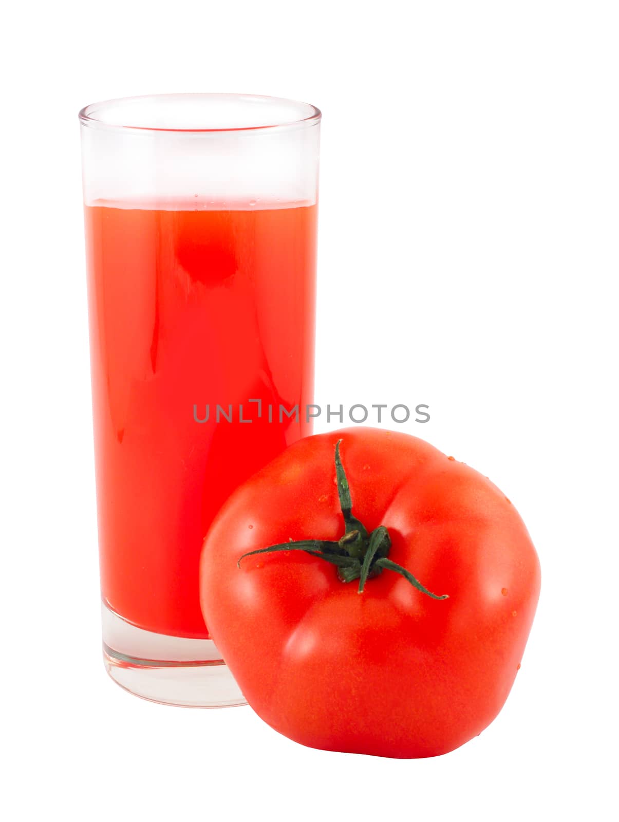 Juice and one tomato isolated on white background
