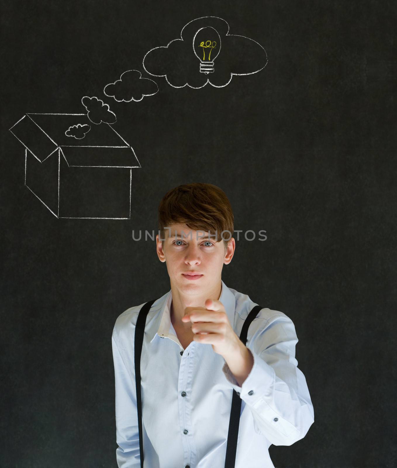 Businessman, student or teacher thinking out the box chalk concept by alistaircotton