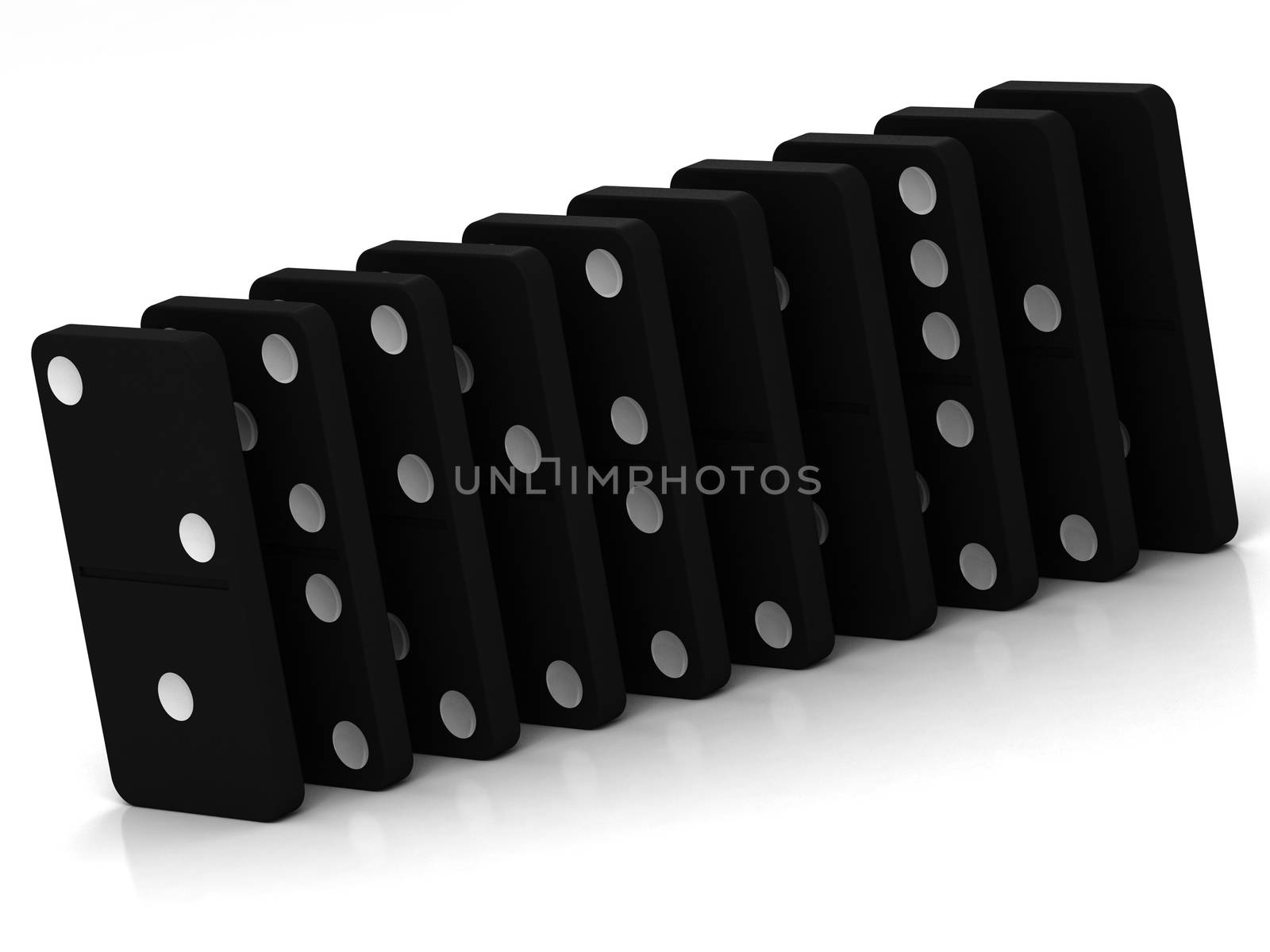 black dominoes falling over on a white background