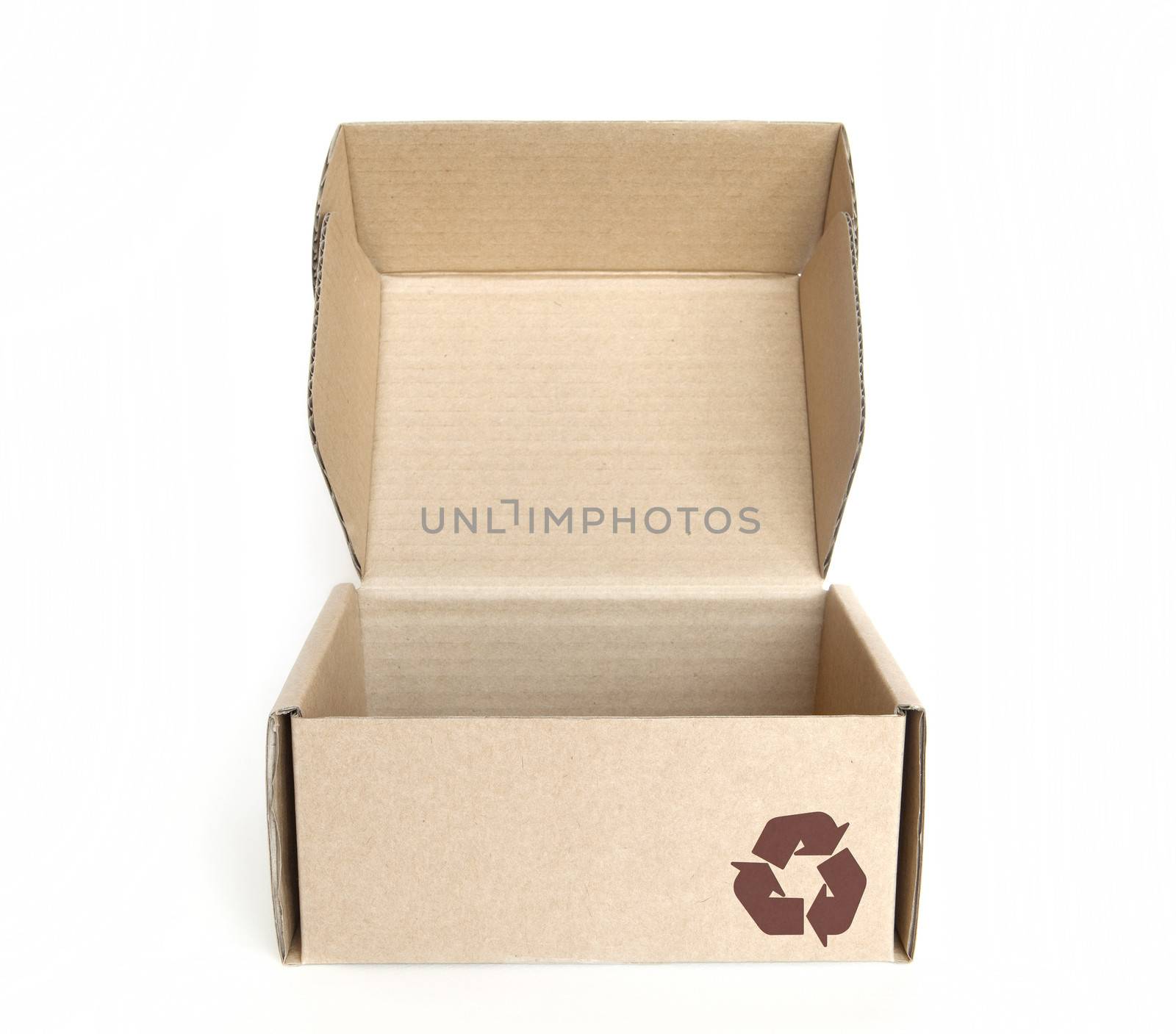 empty cardboard box with recycle logo on white background