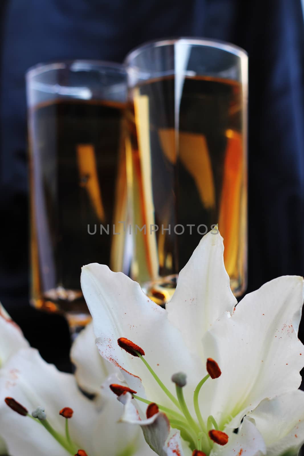 Glasses with wine and lily flower on black silk by destillat