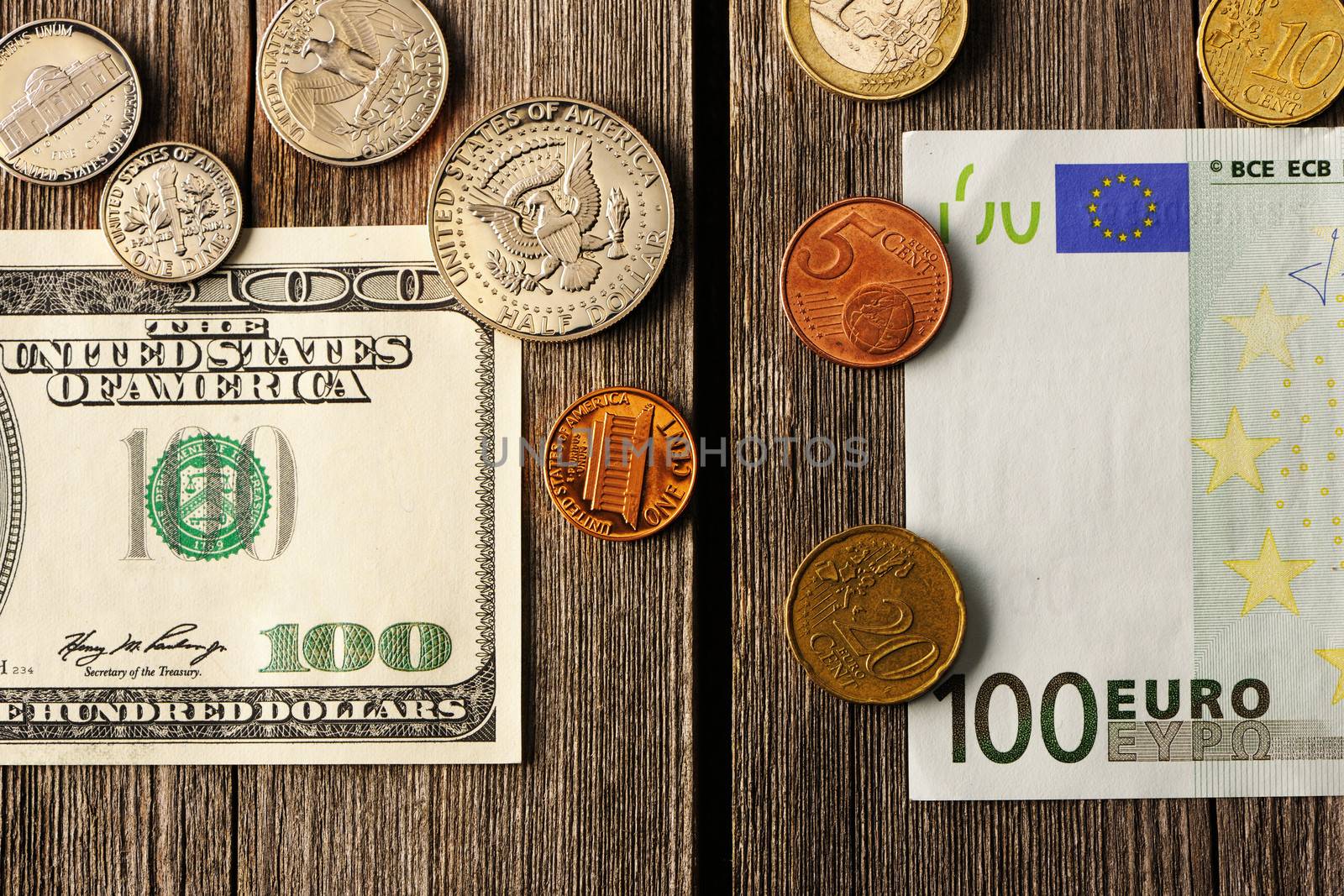 US and euro currency over wooden background