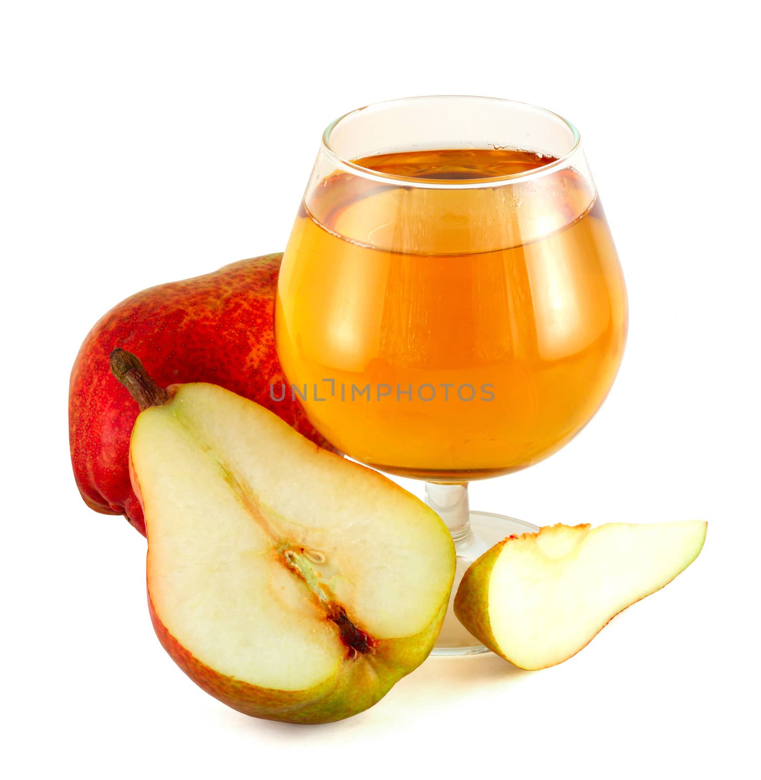 Pear juice with cutted colorful pears isolated on white