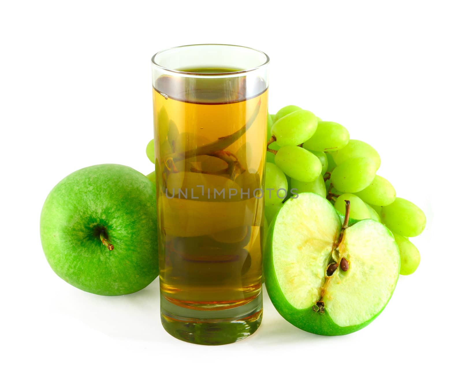 Apple and grape juice with apples and grapes isolated on white