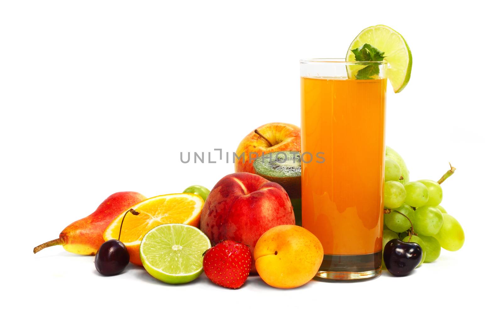 Multifruit juice with differnt fruits isolated on white background