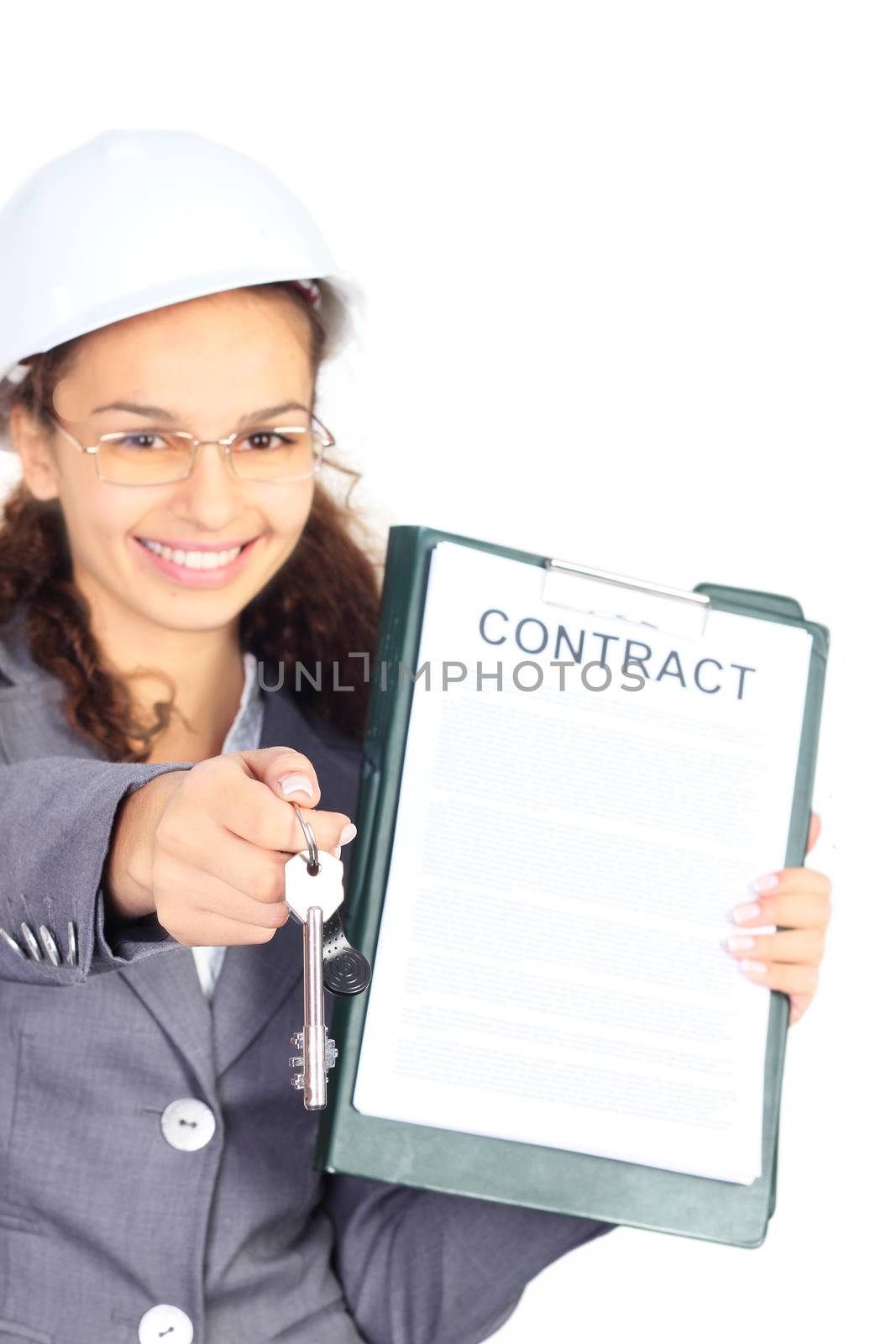 Realtor with contract and keys isolated on white background