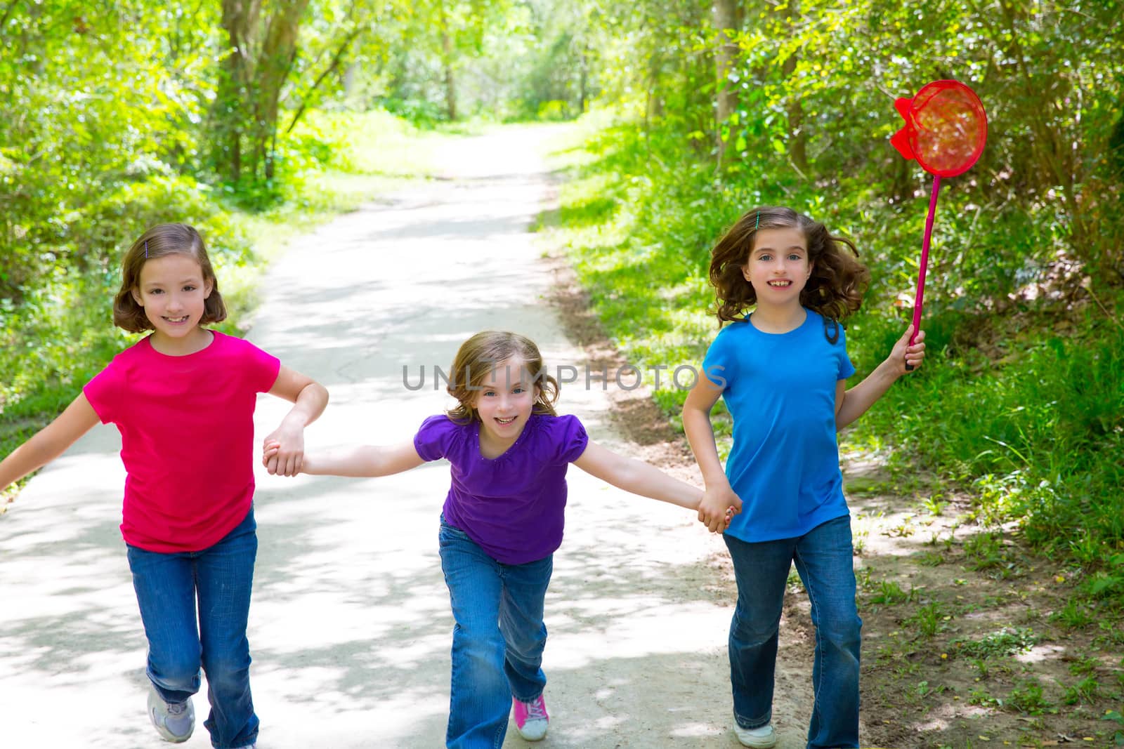 Friends and sister girls running in the forest track smiling happy with butterfly net