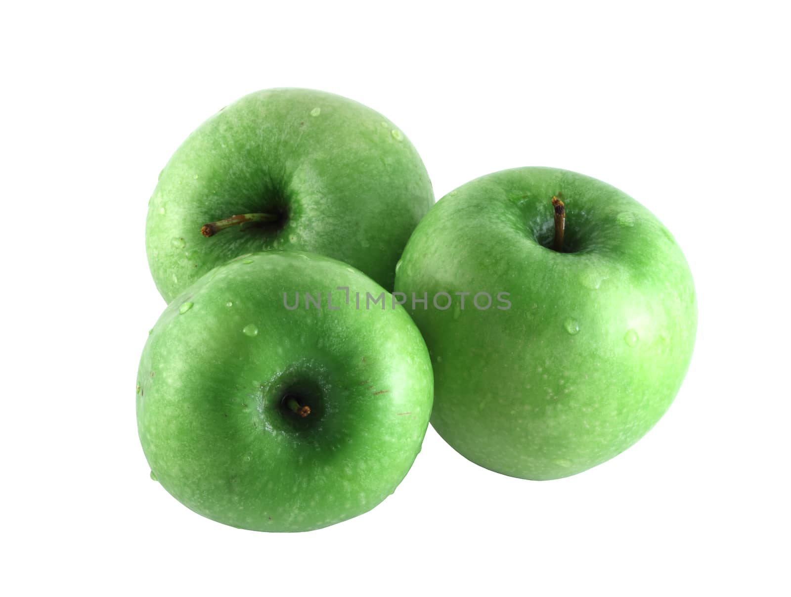 Three green apples isolated on white background