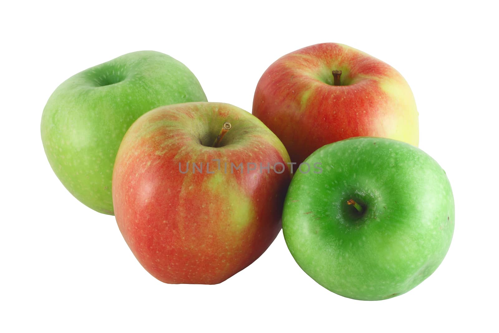 Four red and green apples isolated on white background