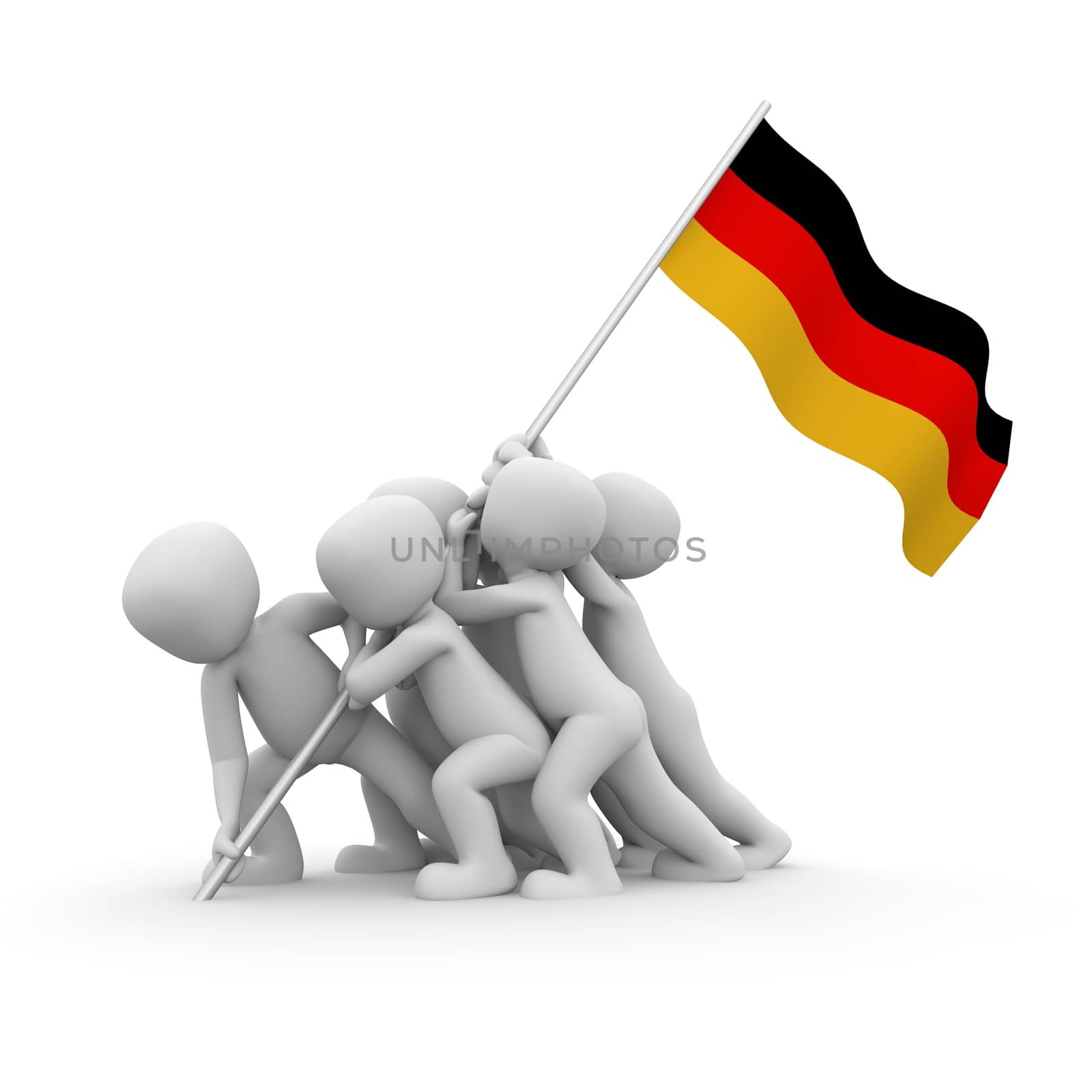 The characters want to hoist the German flag together.