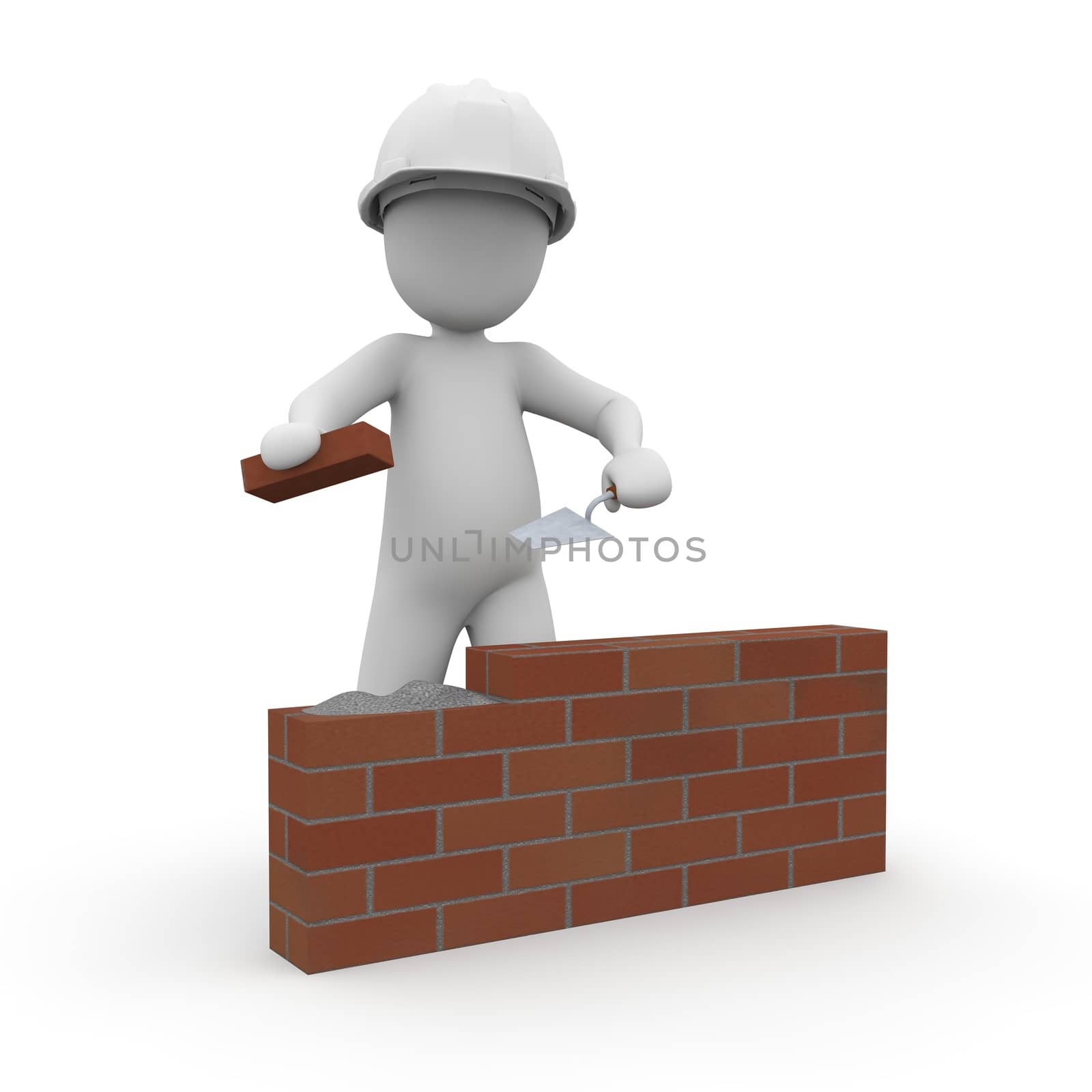 The character is a mason and builds a brick wall.