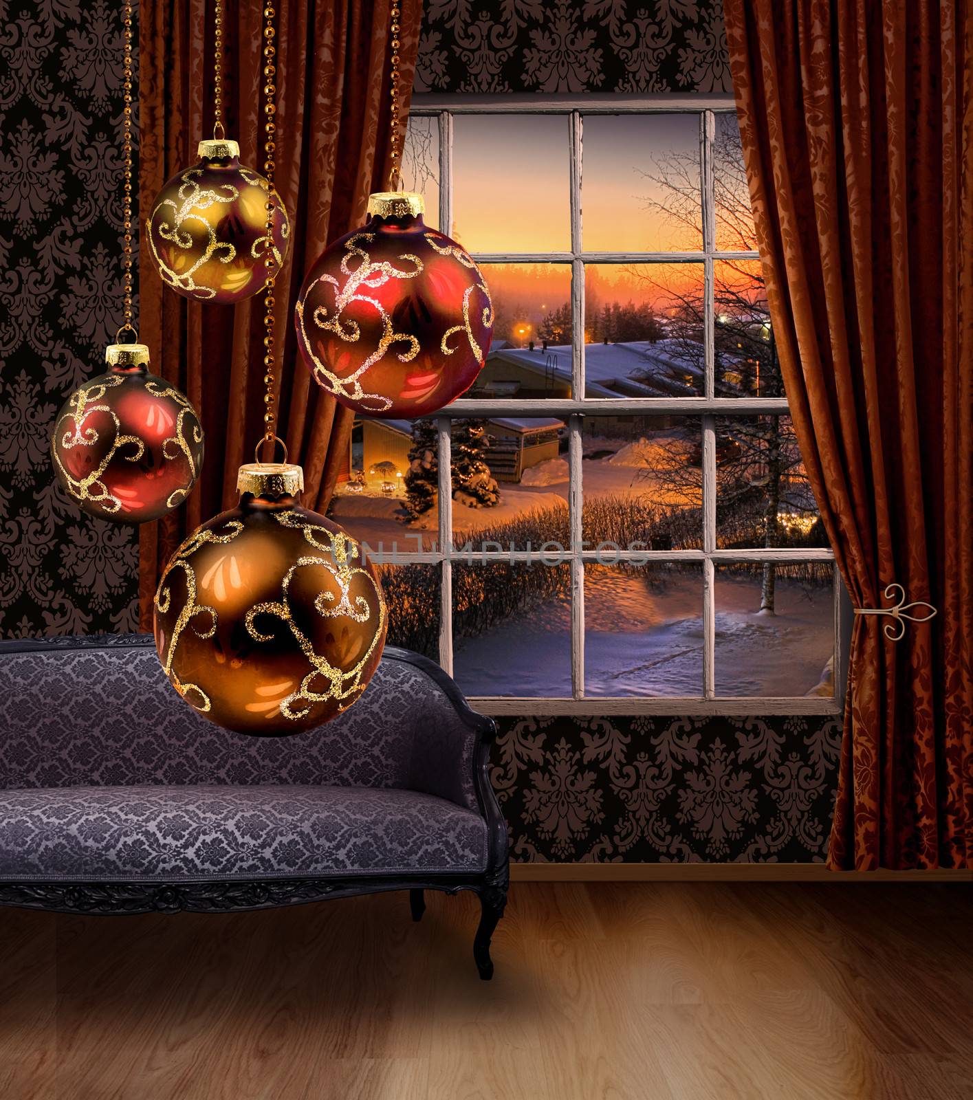 Christmas balls hanging, winter street view window by anterovium