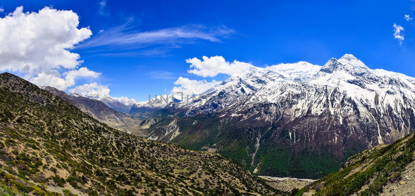 Himalayas mountains valley panorama with white peaks and forest hills, Nepal