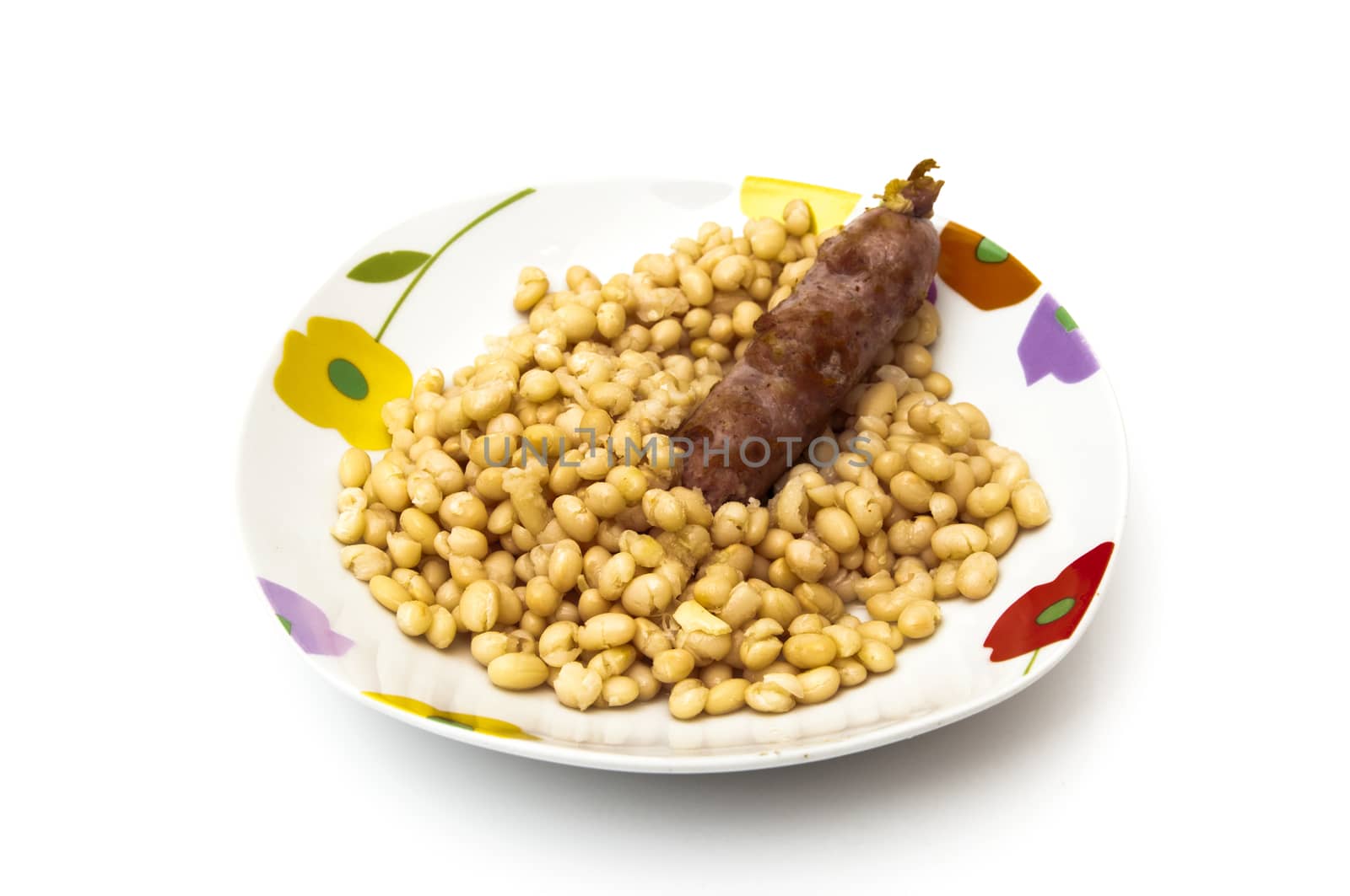 monchetas dish with sausage on a white background