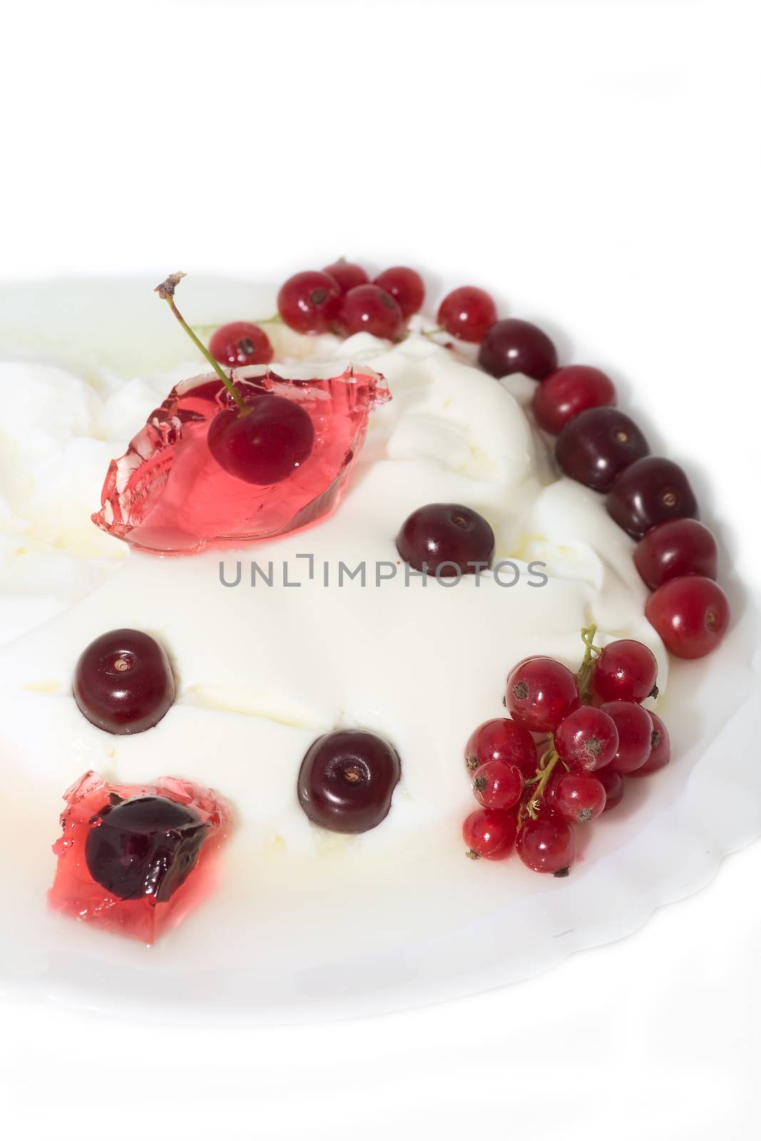 curd with  currant, cherry on  plate isolated white backgrownd  by foryouinf