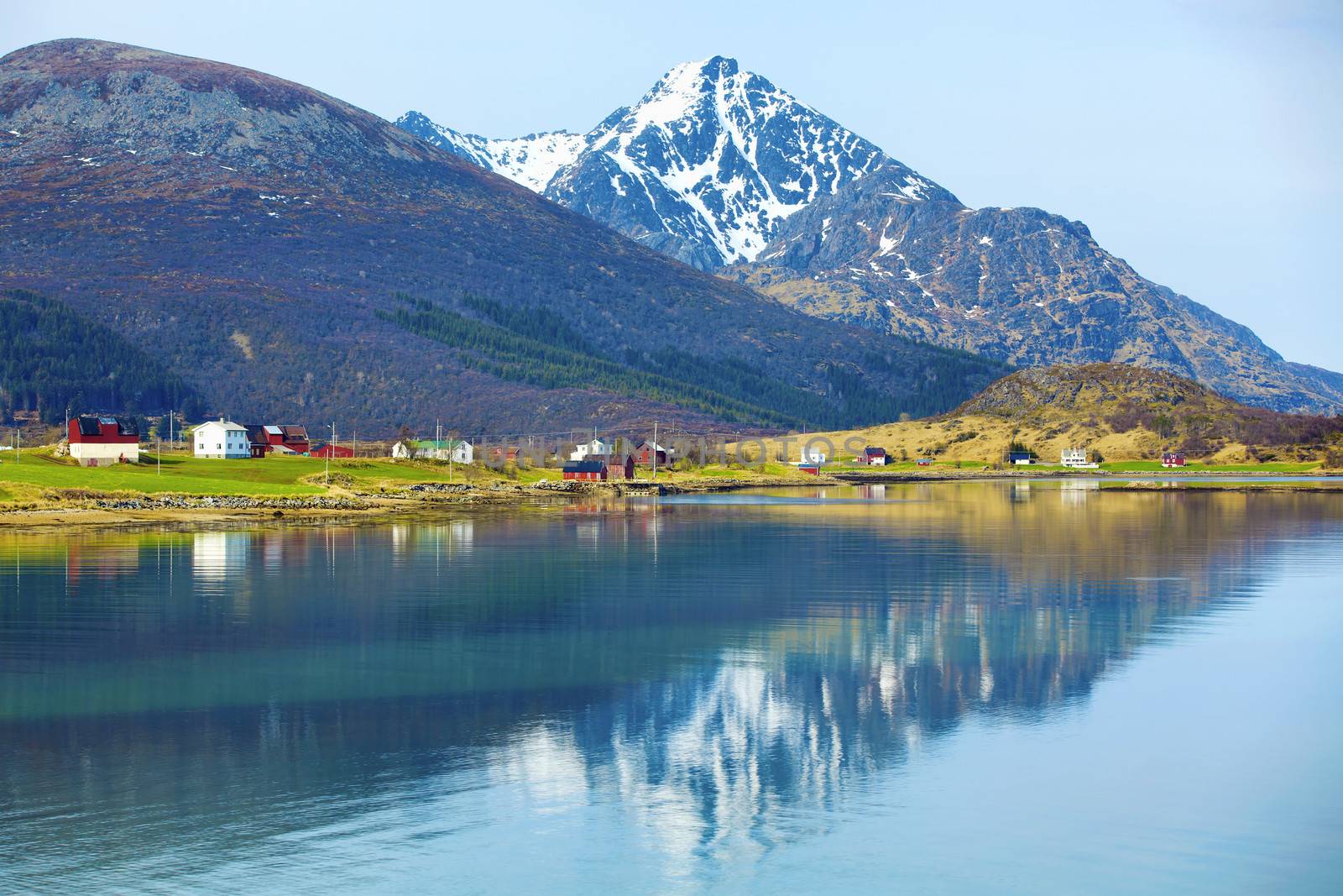 Snowcapped mountains and blue water, Norwegian fjord