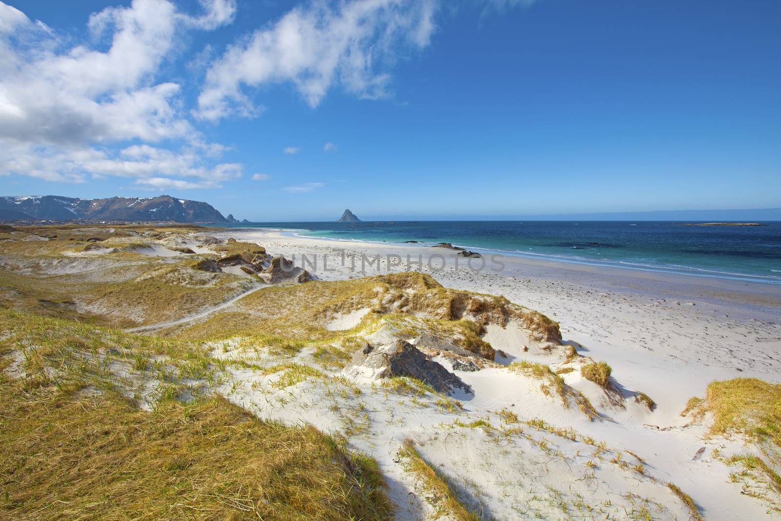 White beach, snowcapped mountains and blue water, Norwegian fjord