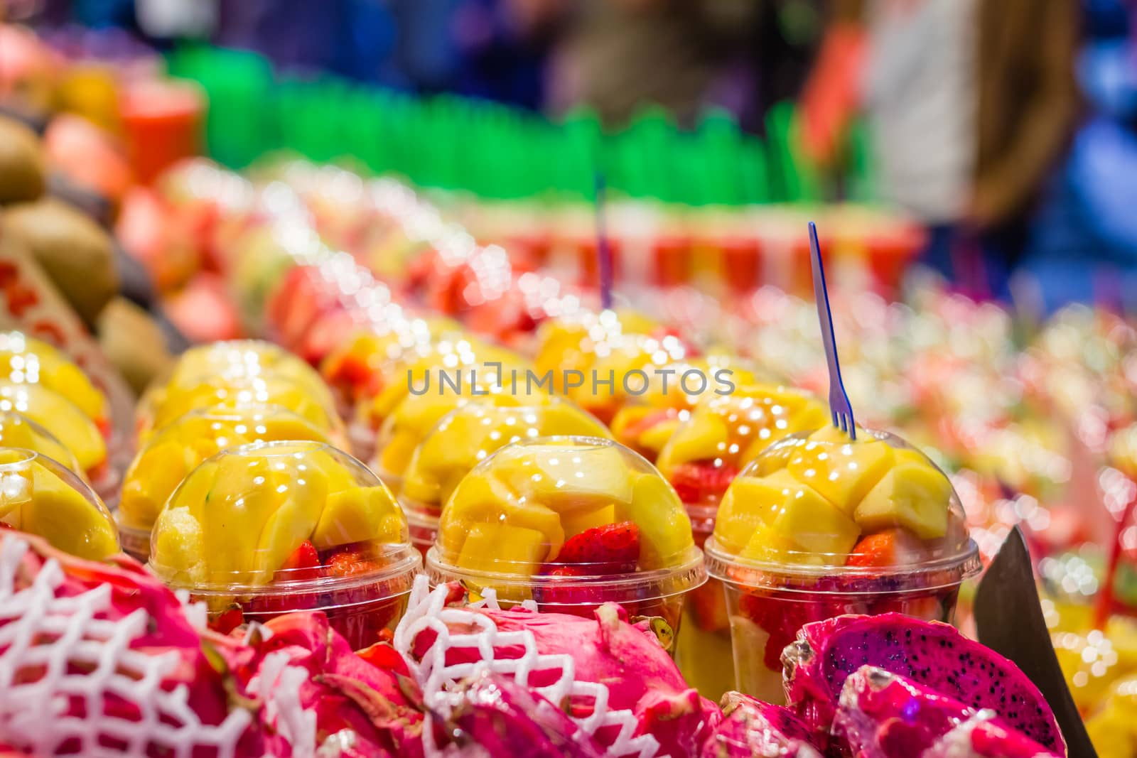Set packed of fresh fruits in La Boqueria market, in Ramblas str by doble.d