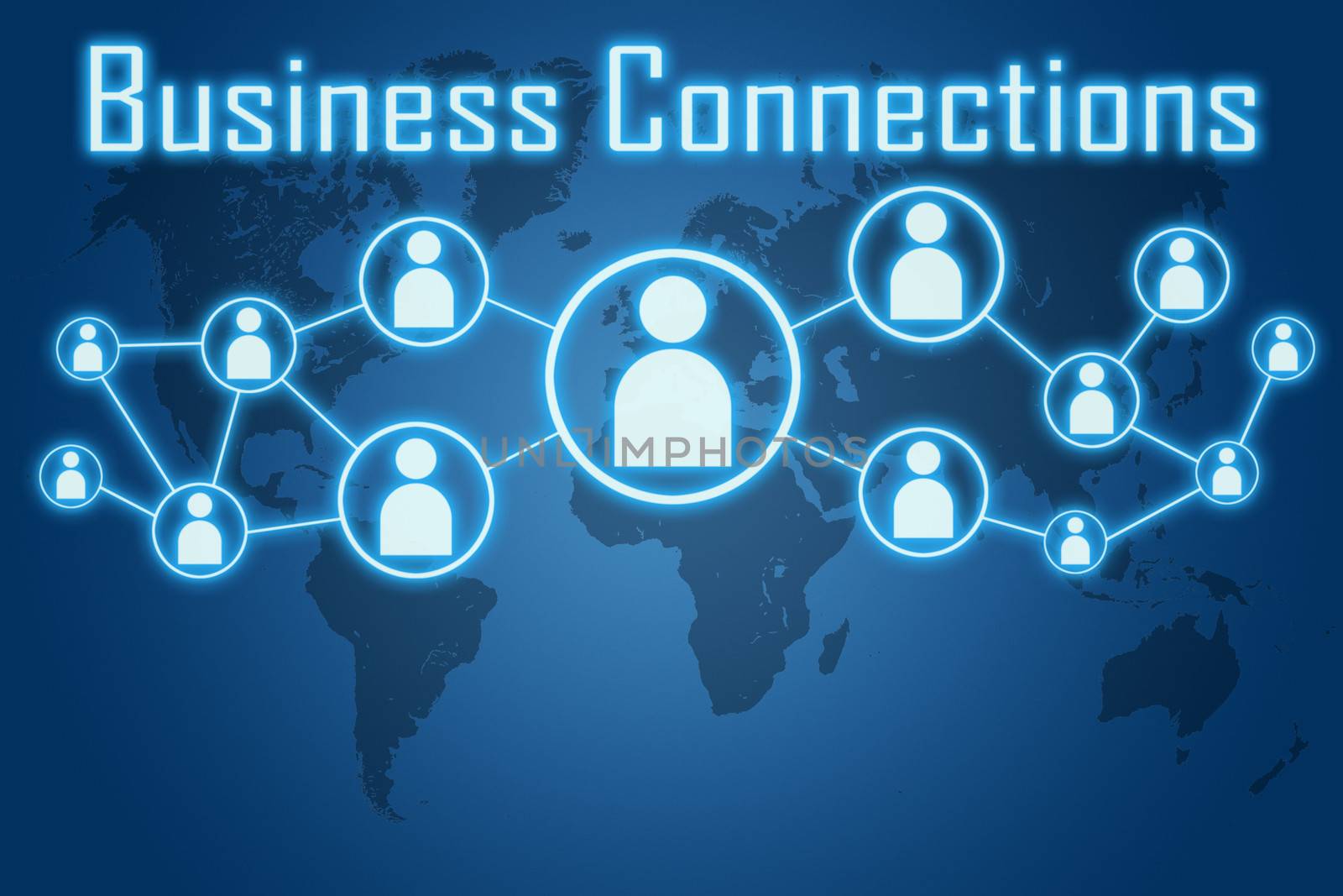 woman hand pressing business connections icon on blue background with world map