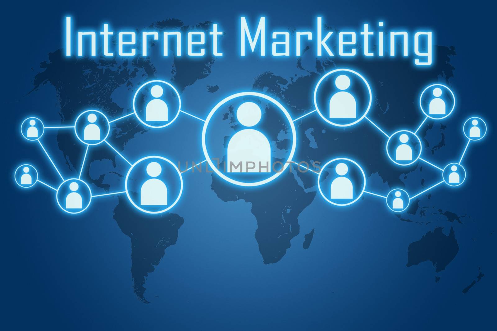 internet marketing concept on blue background with world map