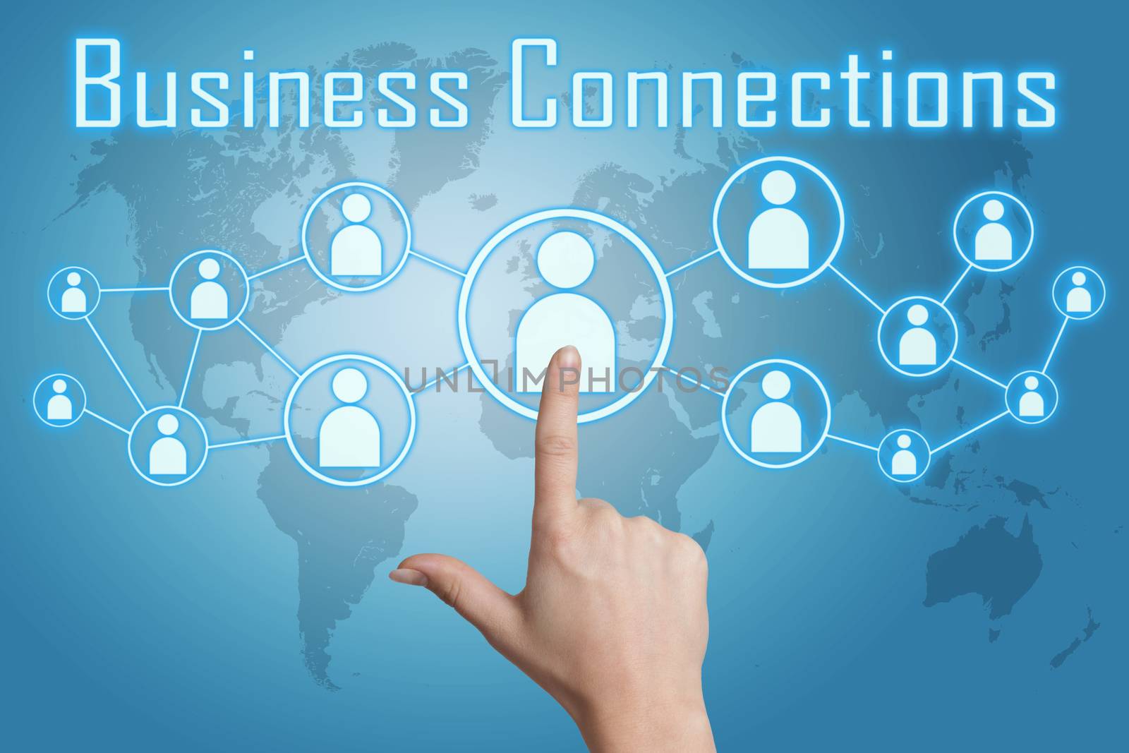 woman hand pressing business connections icon on blue background with world map