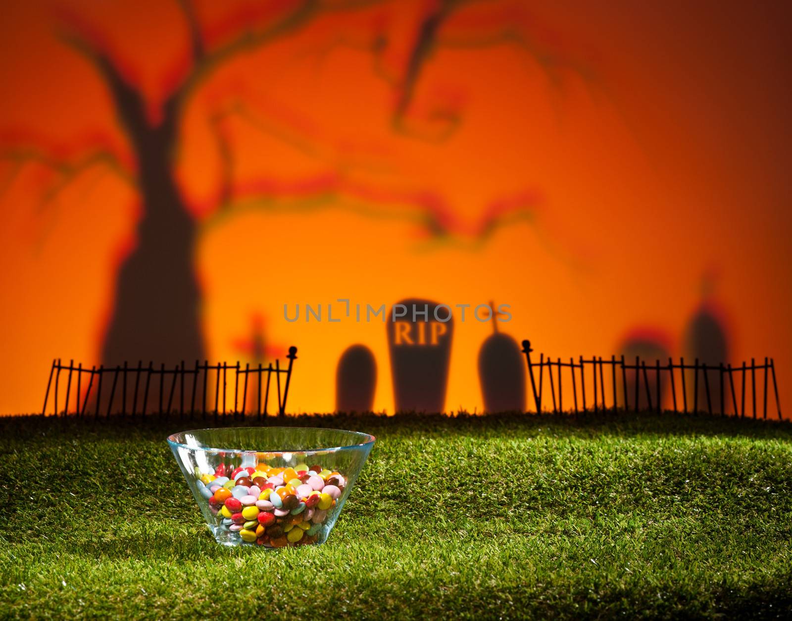 Halloween landscape with tree graveyard and sweets