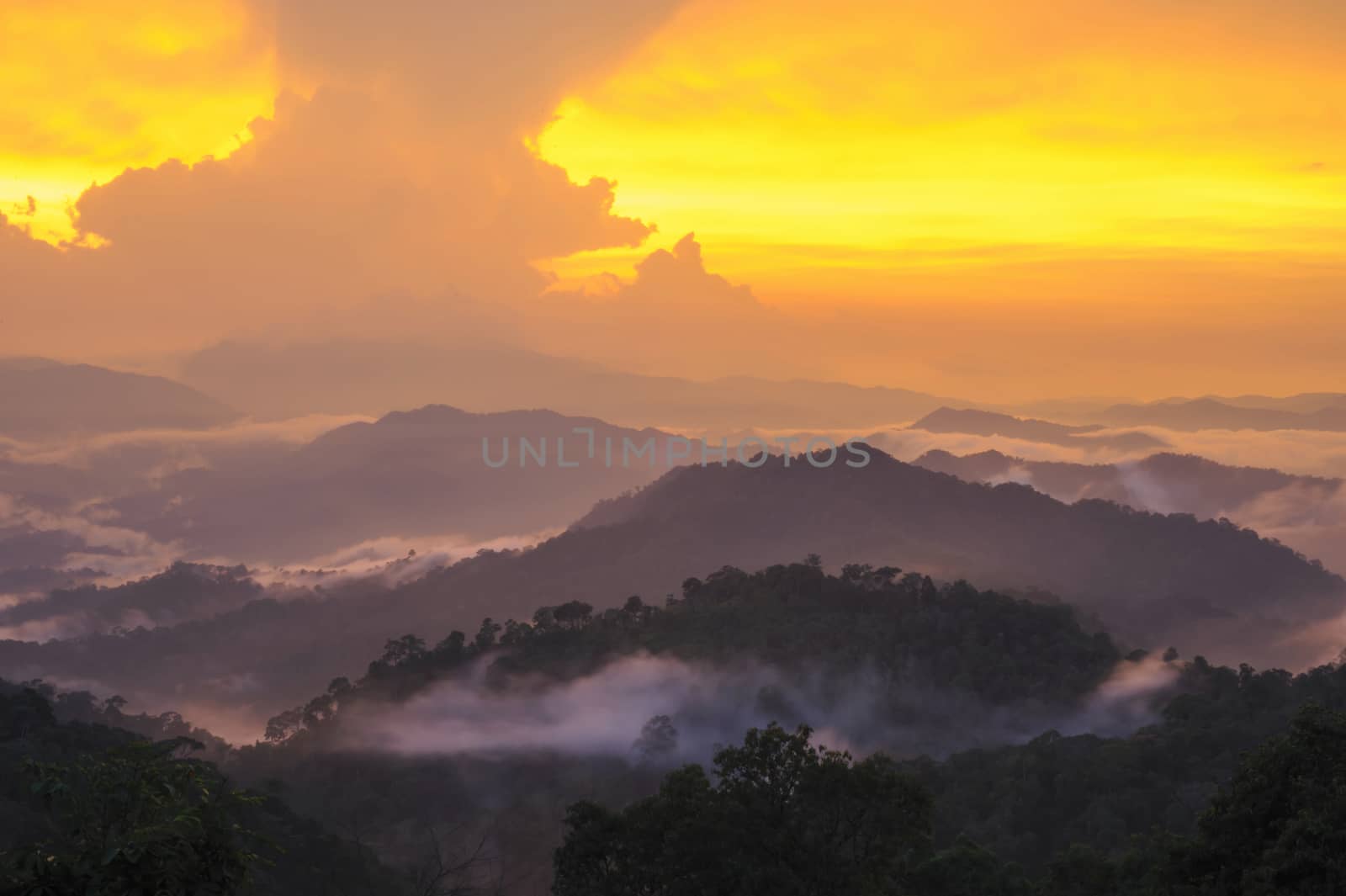 Sunset beam on forest and mountain landscape in thailand.