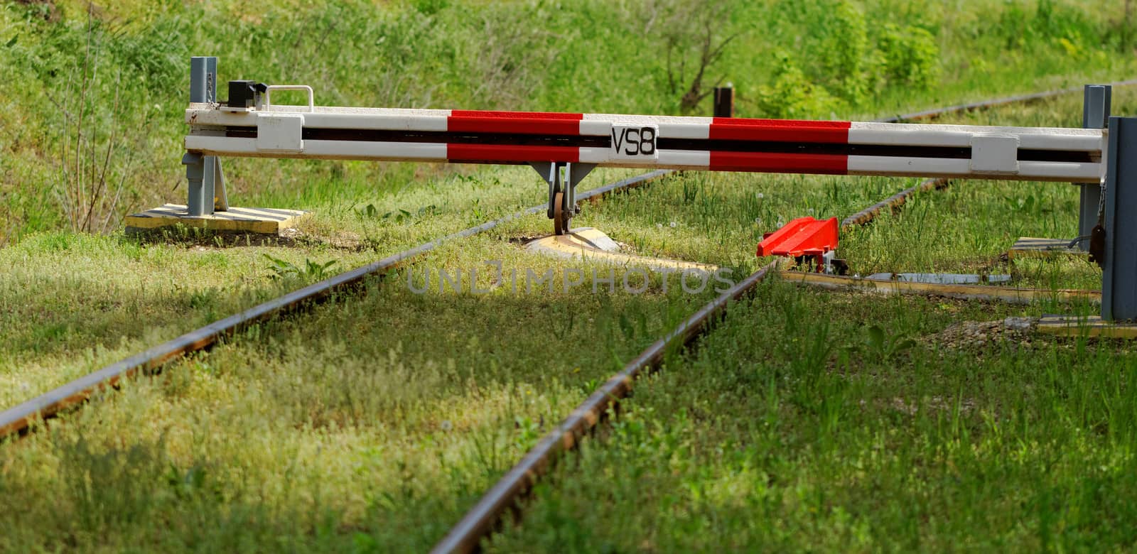 red white barrier to the railroad tracks with grass