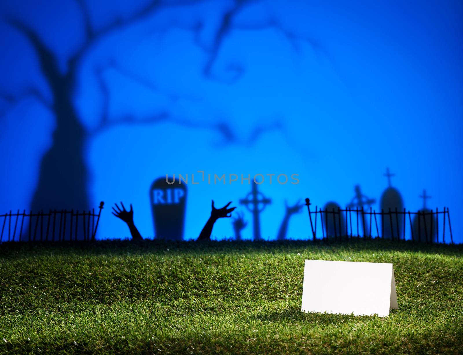 Halloween landscape with tree graveyard and name card