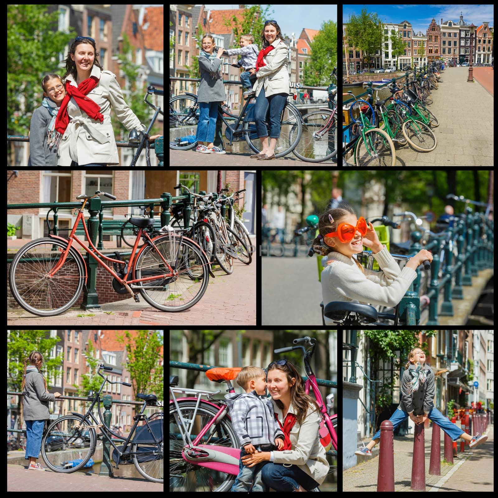Collage of images tourists in Amsterdam. Mother with her kids walking in the streets of Amsterdam. The Netherlands