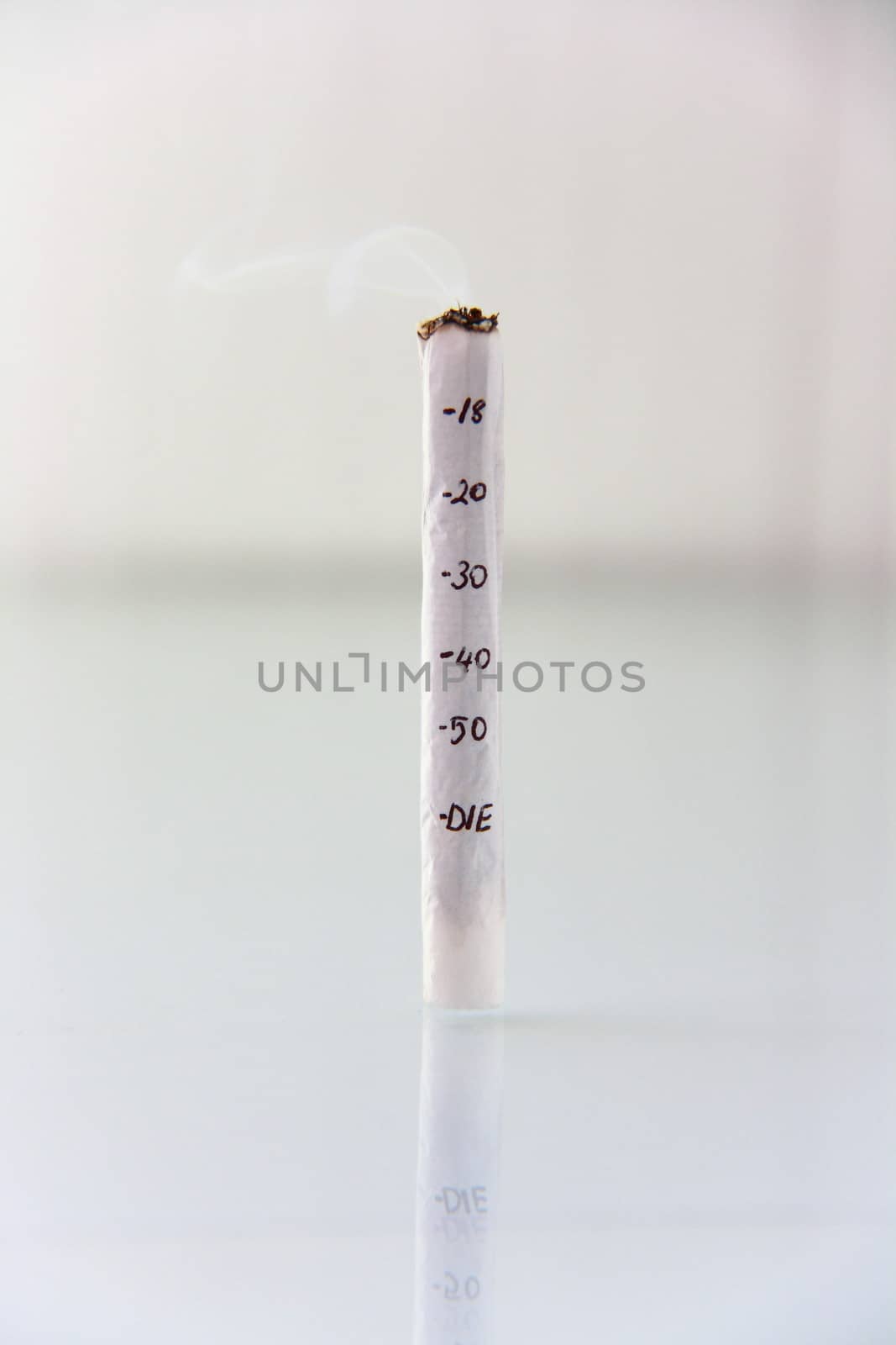 hand made cigarette burning in front of white background