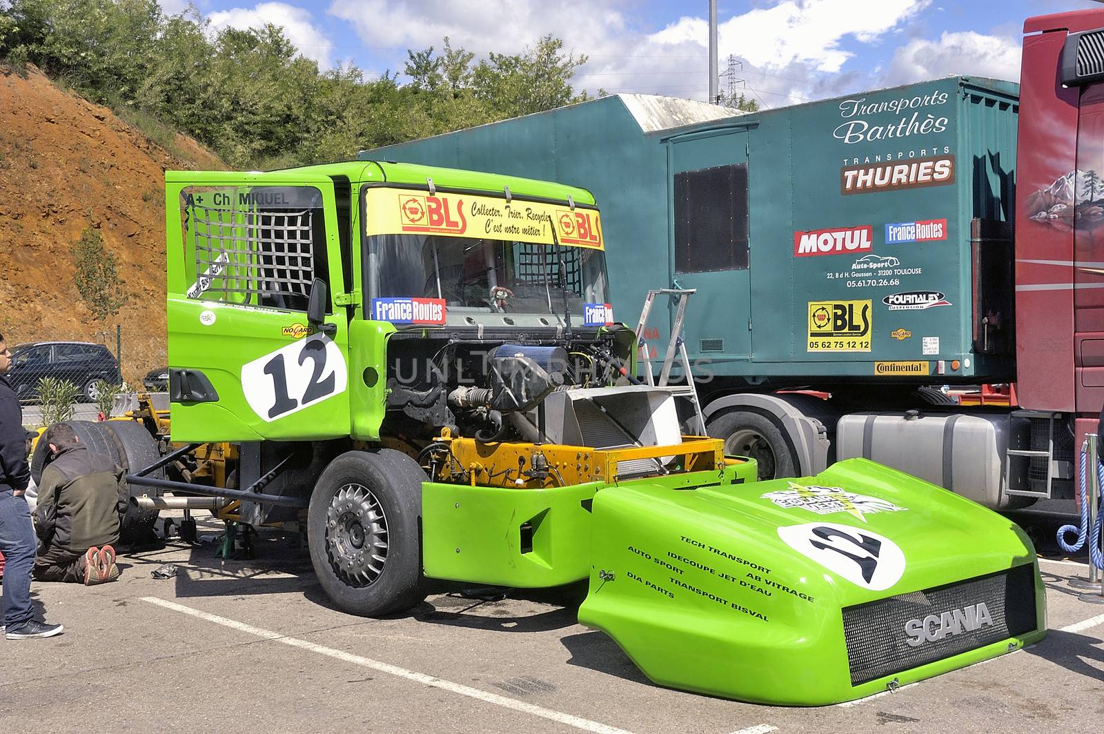 Ales - France - Grand Prix of France trucks May 25th and 26th, 2013 on the circuit of the Cevennes. workshops of mechanics for the assistance of the trucks. 