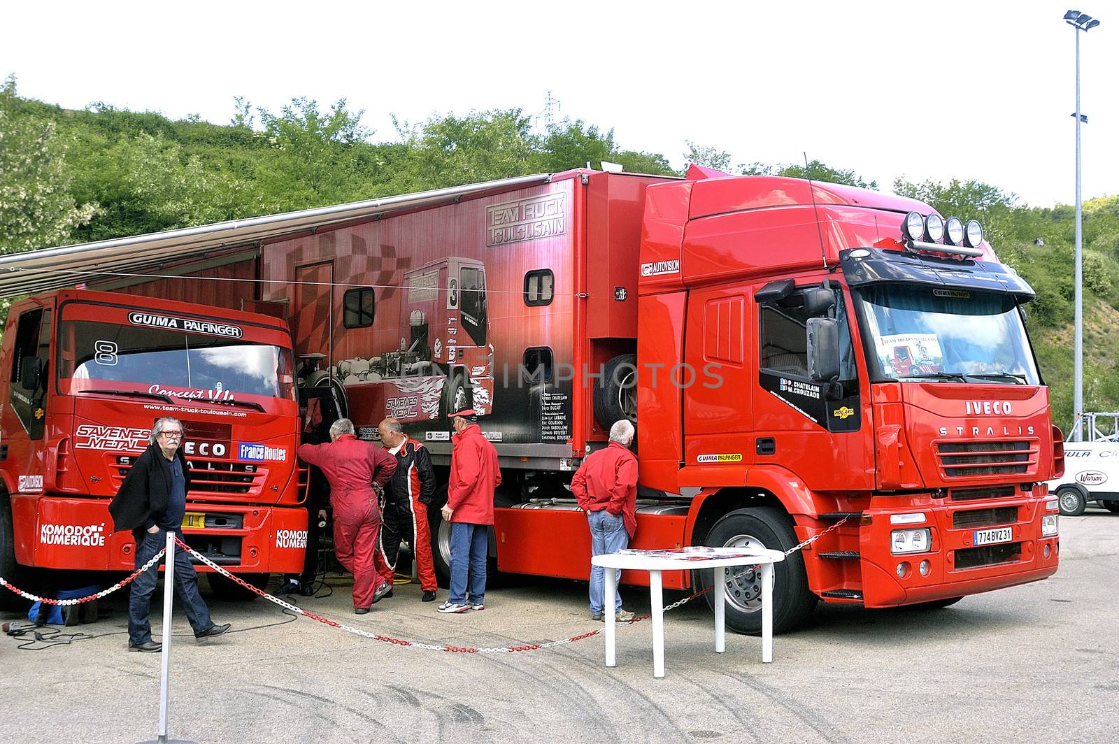 Ales - France - Grand Prix of France trucks May 25th and 26th, 2013 on the circuit of the Cevennes. trucks and stands of the competitors for the assistance and promotion. 