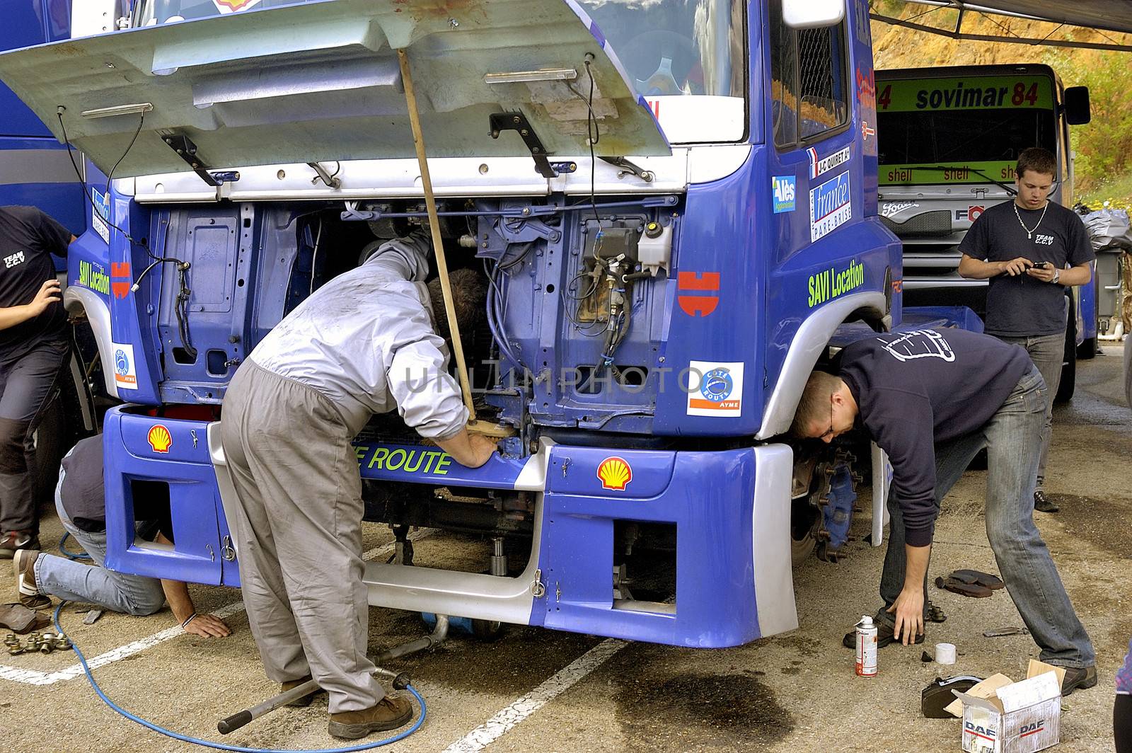 Ales - France - Grand Prix of France trucks May 25th and 26th, 2013 on the circuit of the Cevennes. workshops of mechanics for the assistance of the trucks. 