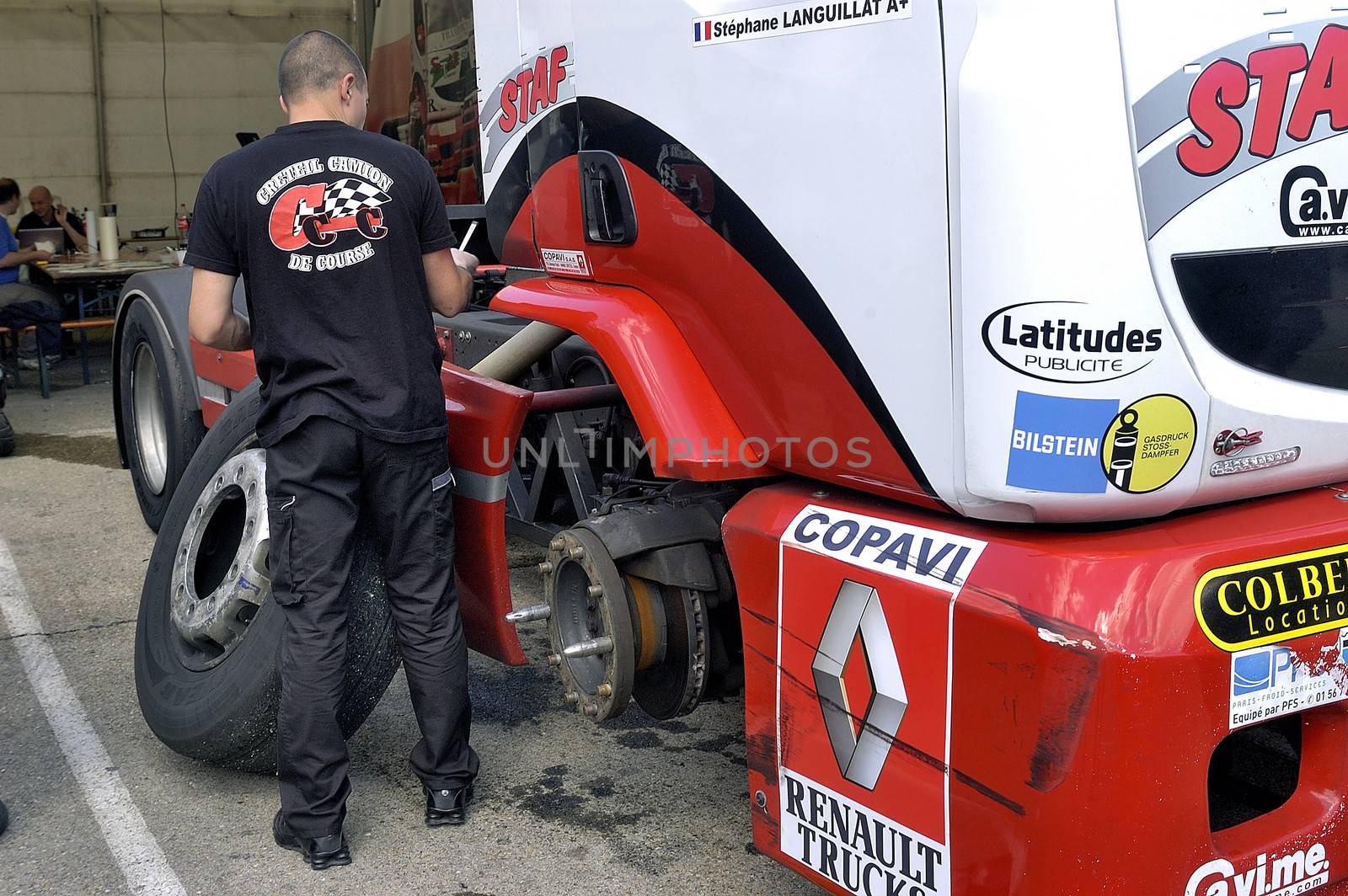 Ales - France - Grand Prix of France trucks May 25th and 26th, 2013 on the circuit of the Cevennes. workshops of mechanics for the assistance of the trucks. 
