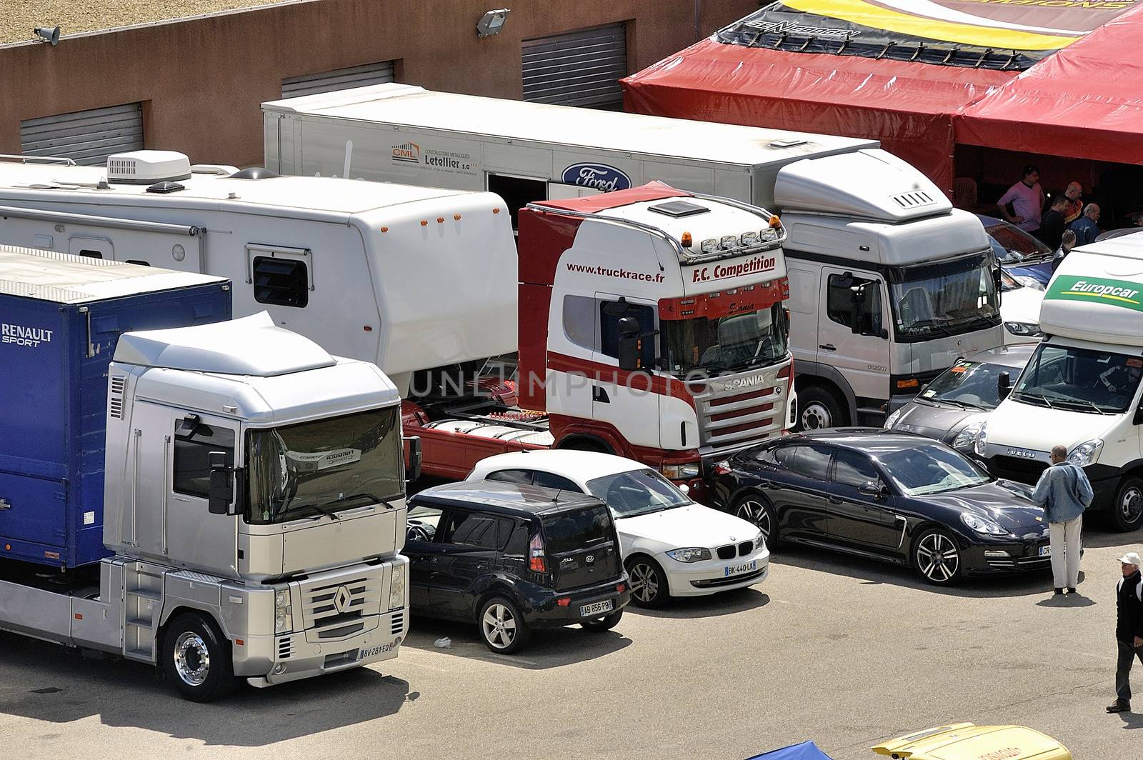 Ales - France - Grand Prix of France trucks May 25th and 26th, 2013 on the circuit of the Cevennes. trucks and stands of the competitors for the assistance and promotion. 