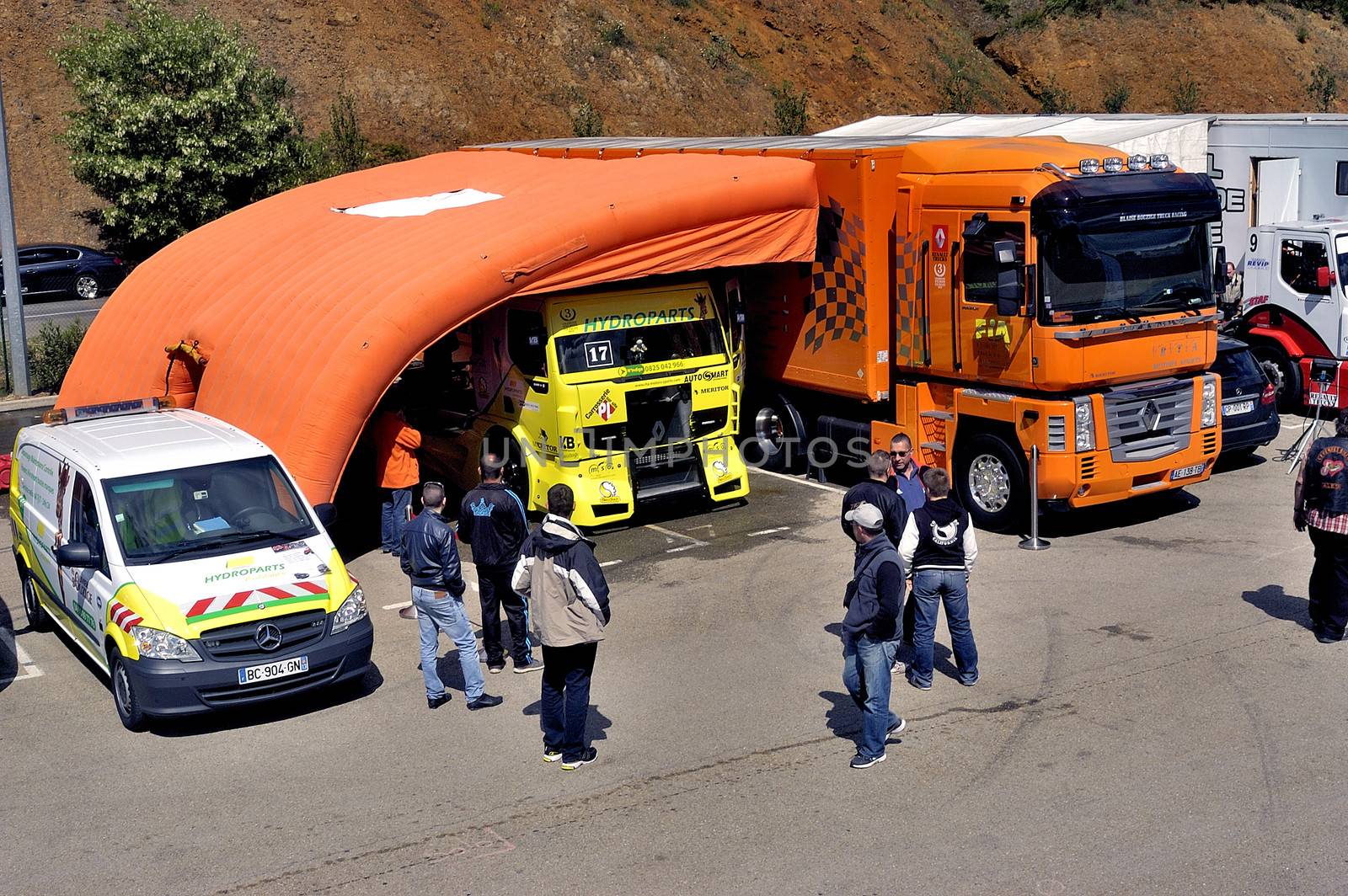 Ales - France - Grand Prix of France trucks May 25th and 26th, 2013 on the circuit of the Cevennes. trucks and stands of the competitors for the assistance and promotion. 