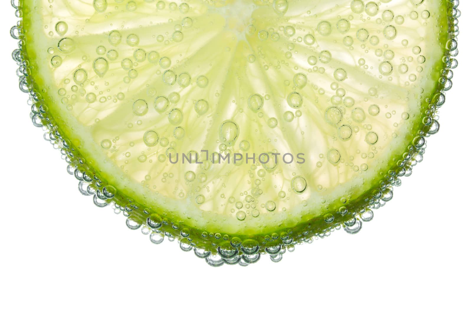 Lime Slice in Clear Fizzy Water Bubble Background Isolated