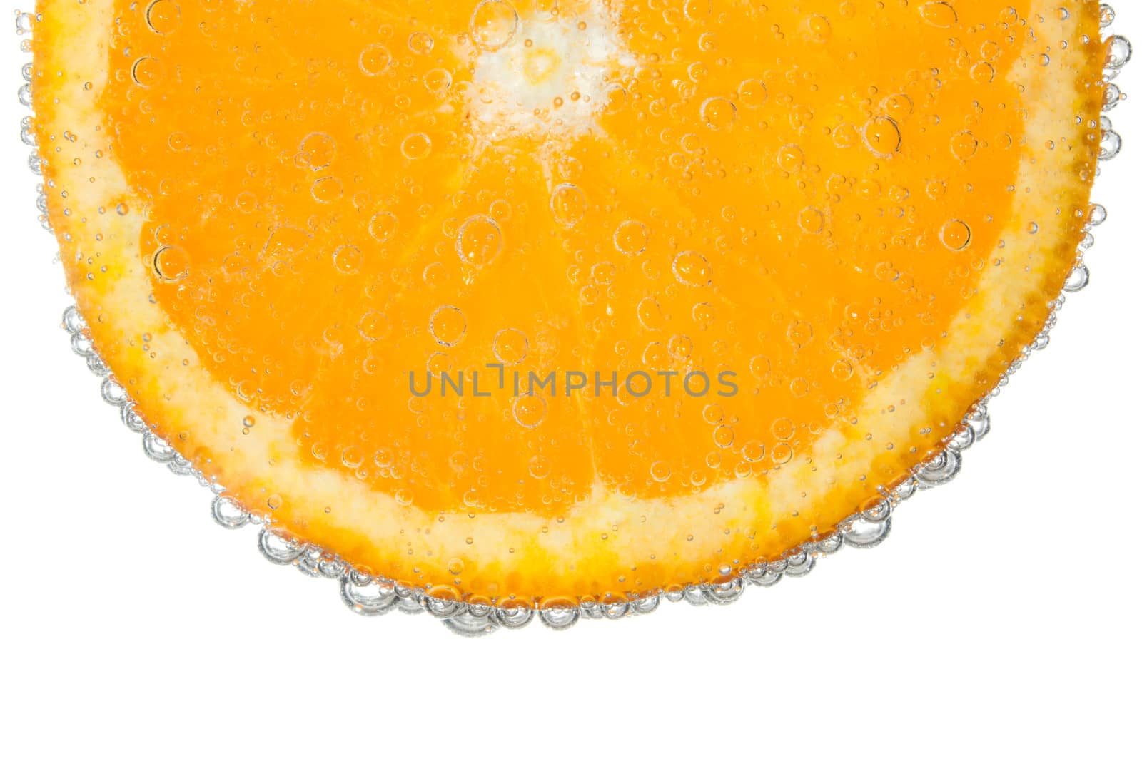 Orange Slice in Clear Fizzy Water Bubble Background Isolated