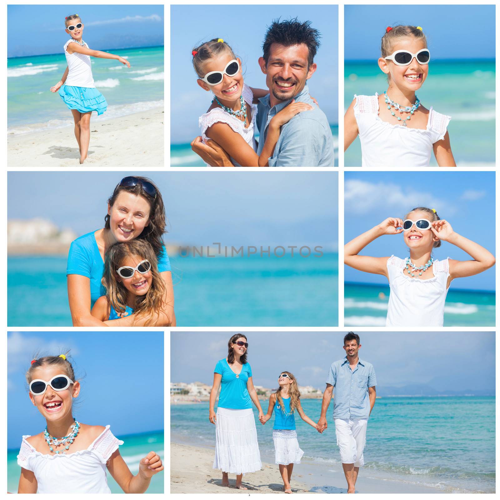 Collage of images happy family walking on the beach with little daughter