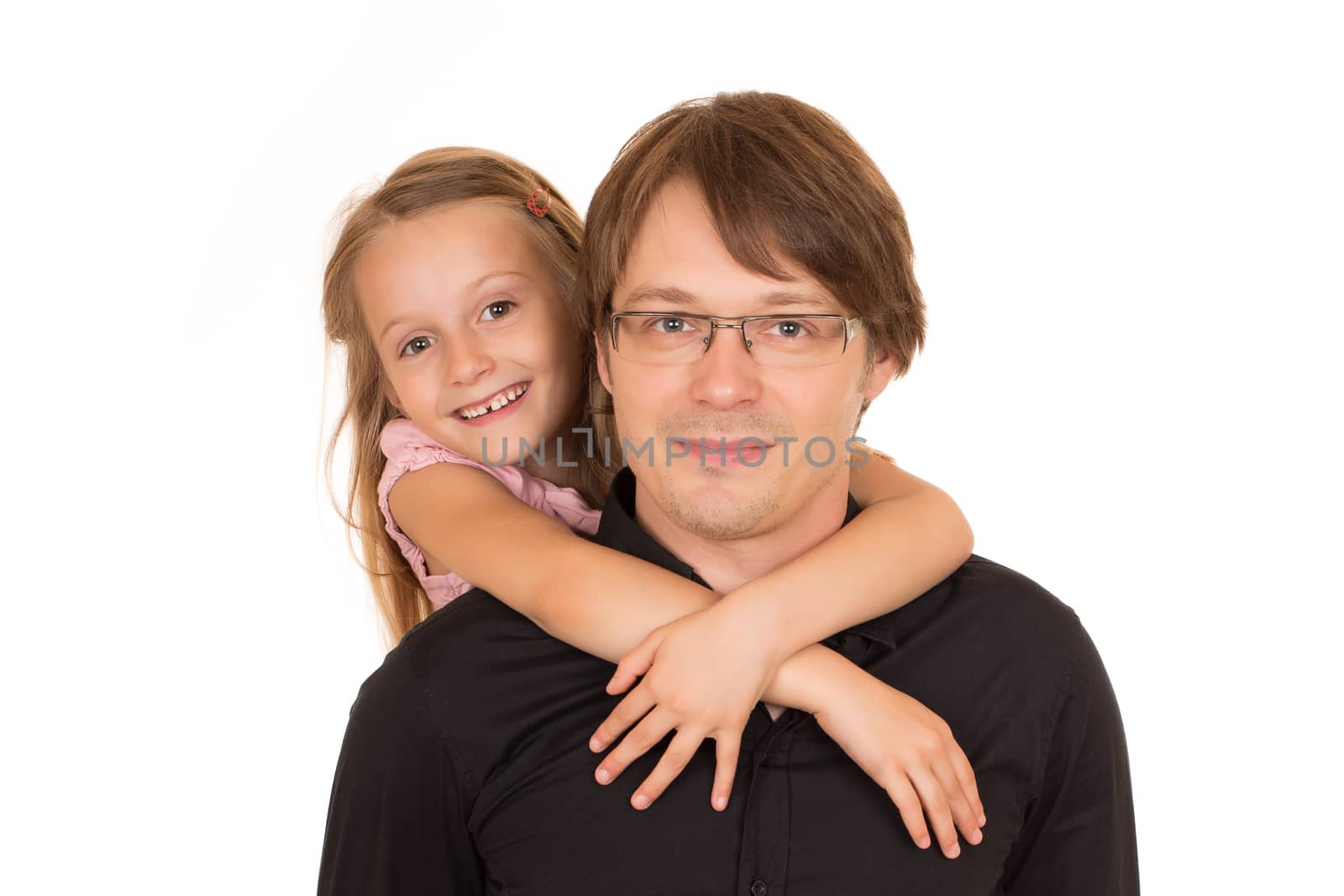 Father giving piggyback ride to his daughter. Isolated on white background.