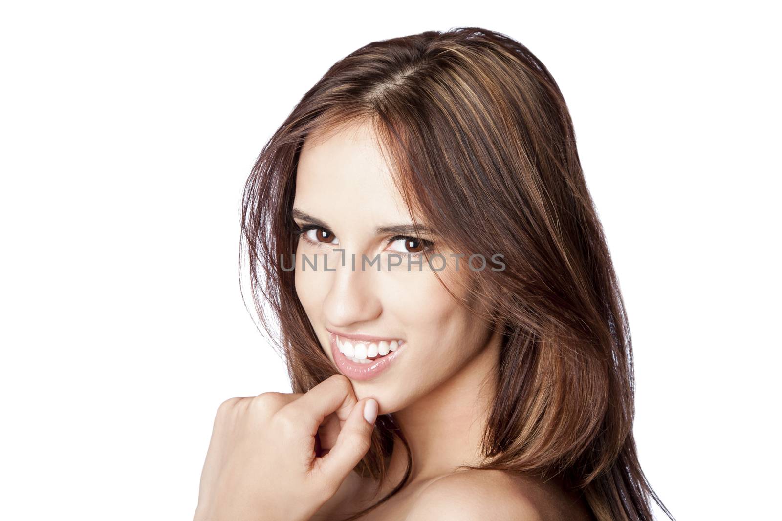 Beautiful happy smiling face of young woman with natural makeup showing white teeth, dental and skincare concept, isolated.