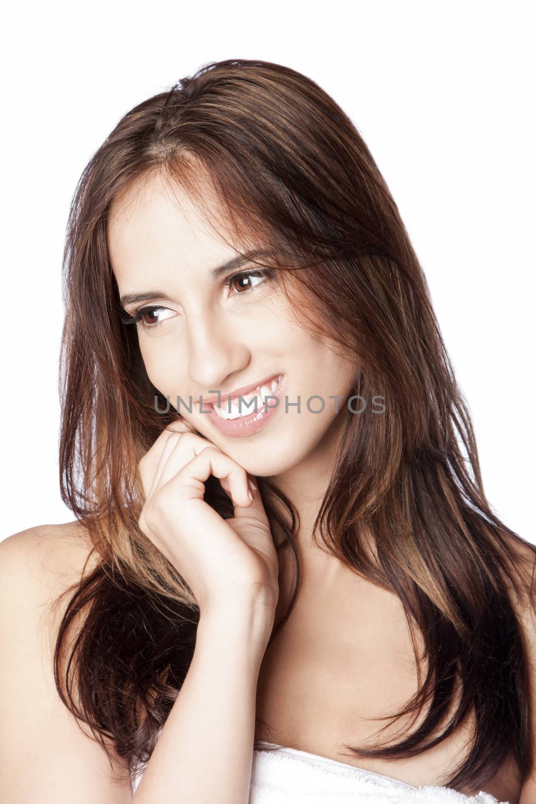 Beautiful happy smiling face of young woman with natural makeup showing white teeth, dental and skincare concept, isolated.