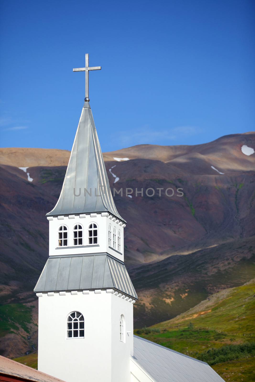 Small white church, Iceland. Summer day. Vertical view