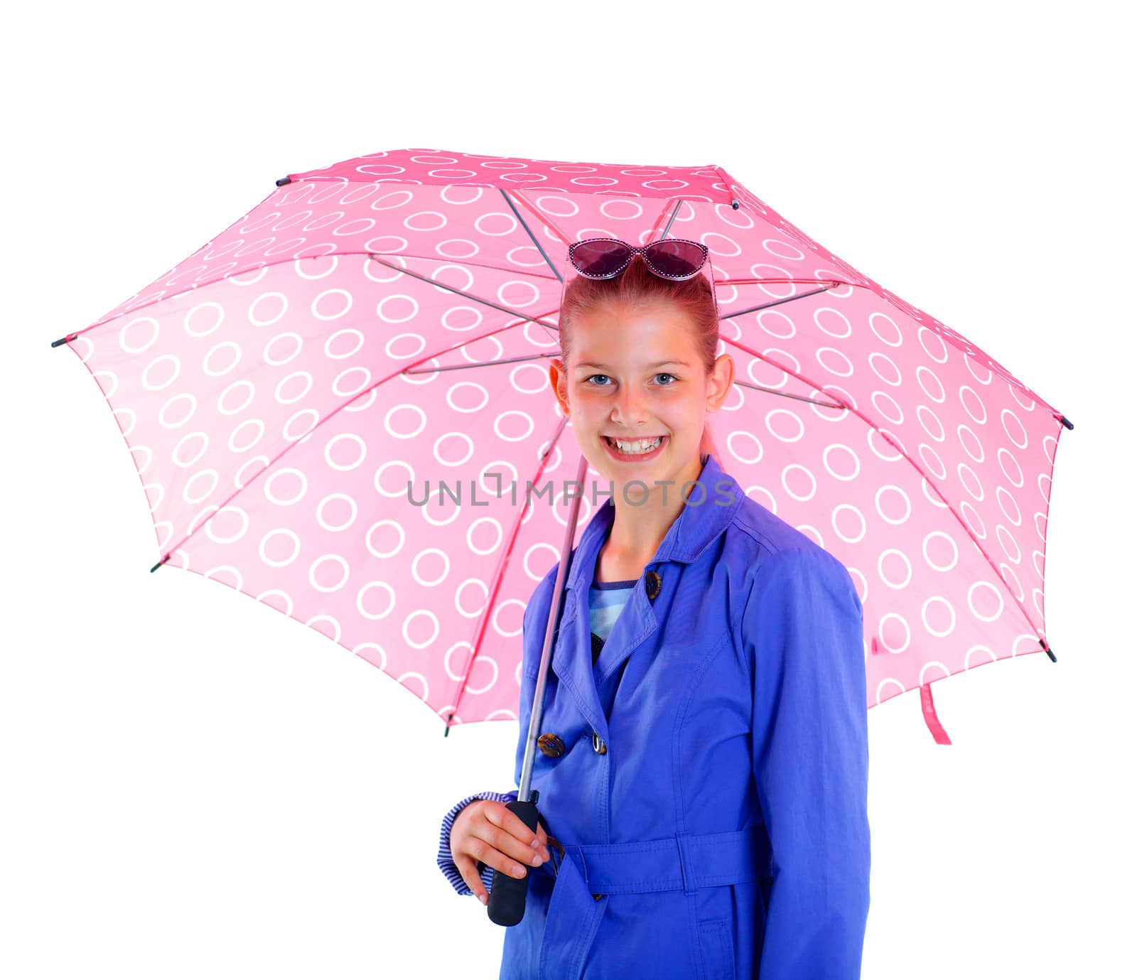 Close-up portrait of a girl with umbrella and wearing blue clothing. Isolated on white background
